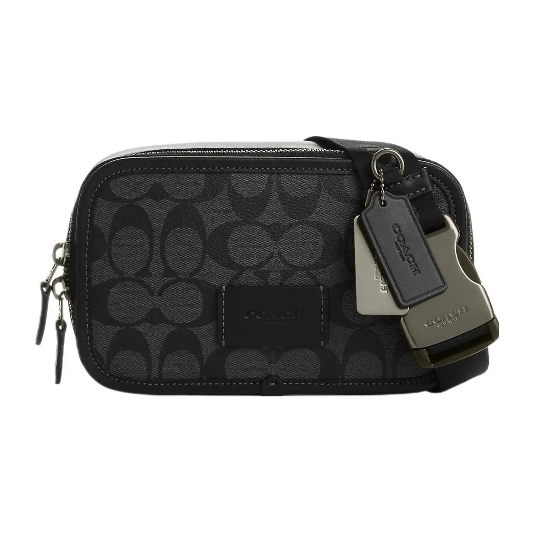 COACH Wyatt 20 Classic Monogram Zip-Top Waist Bag – Coated Canvas with Leather Trim, Small Size, Men’s Black