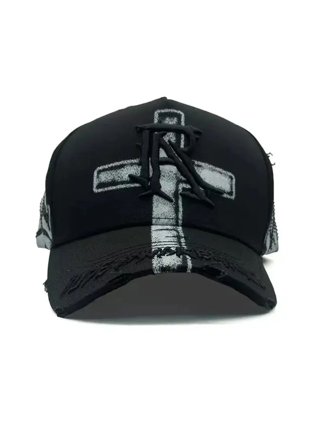 Black baseball cap with a white cross pattern and black straps, suitable for urban style.