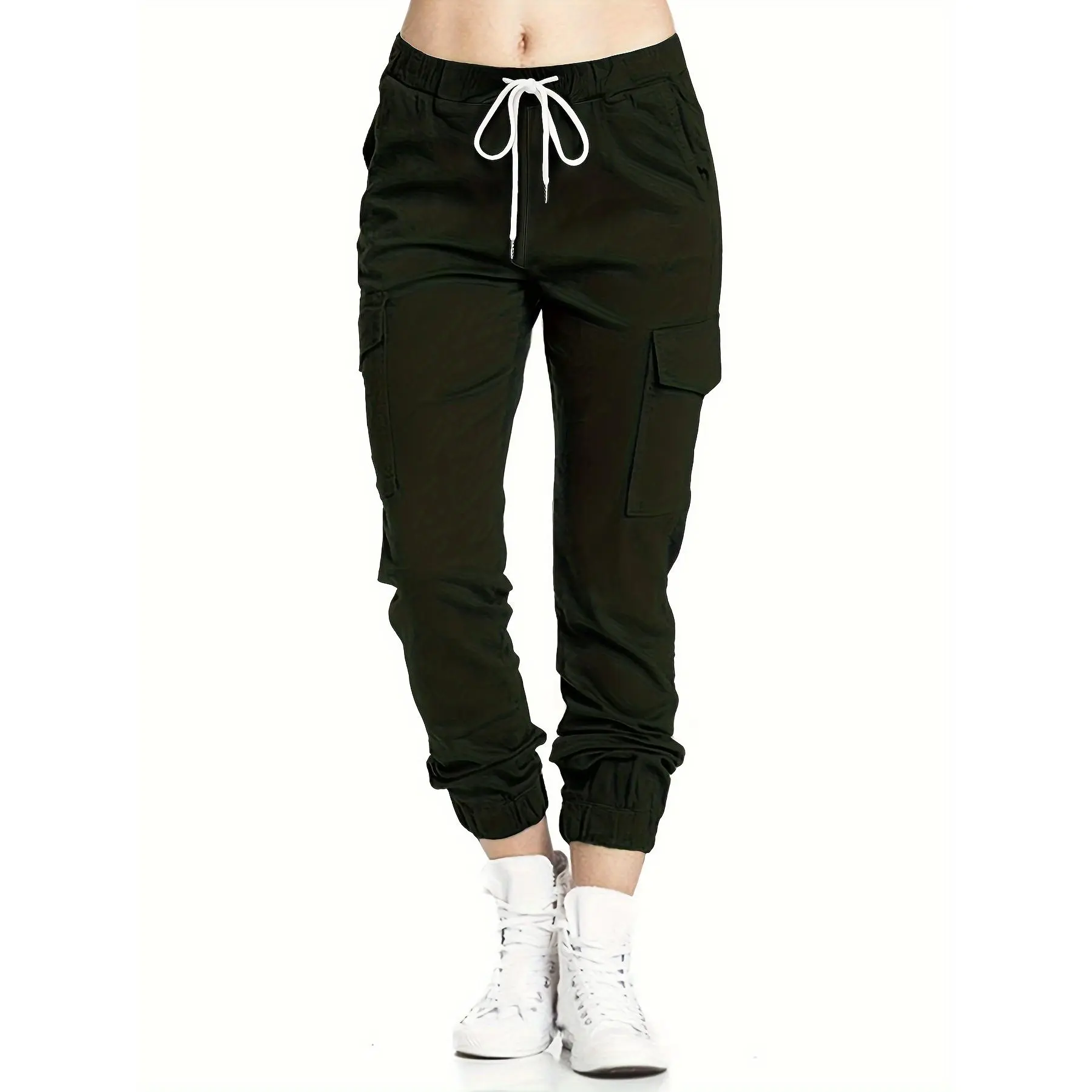 Women's Solid Elastic Waist Cinch Cargo Pants with Pockets - Long Casual Activewear Bottoms for Street, Daily Outfits