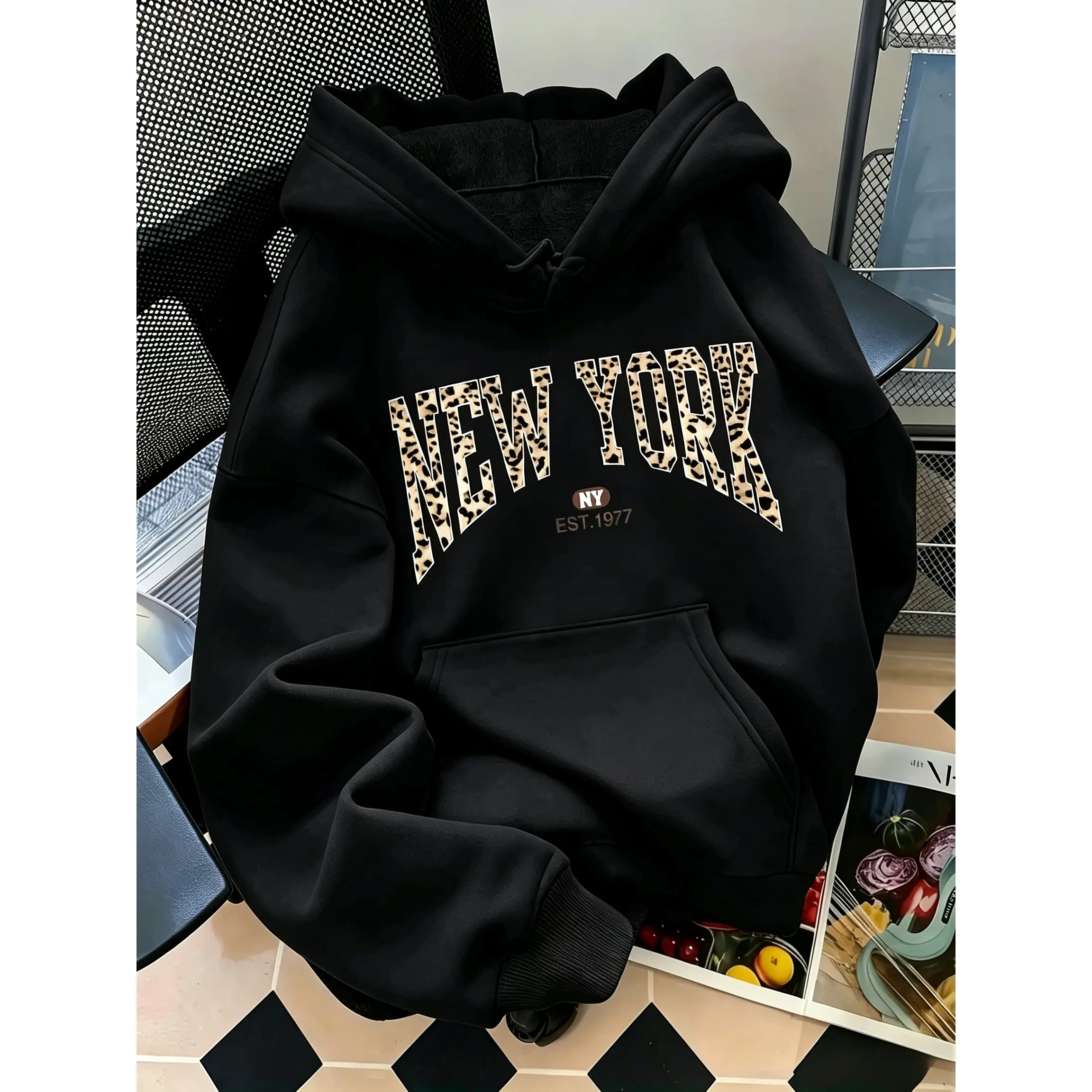 Leopard Print New York EST.1977 Oversized Hoodie, Vintage College Style Pullover Hoodie, 100% Cotton Unisex Streetwear Top