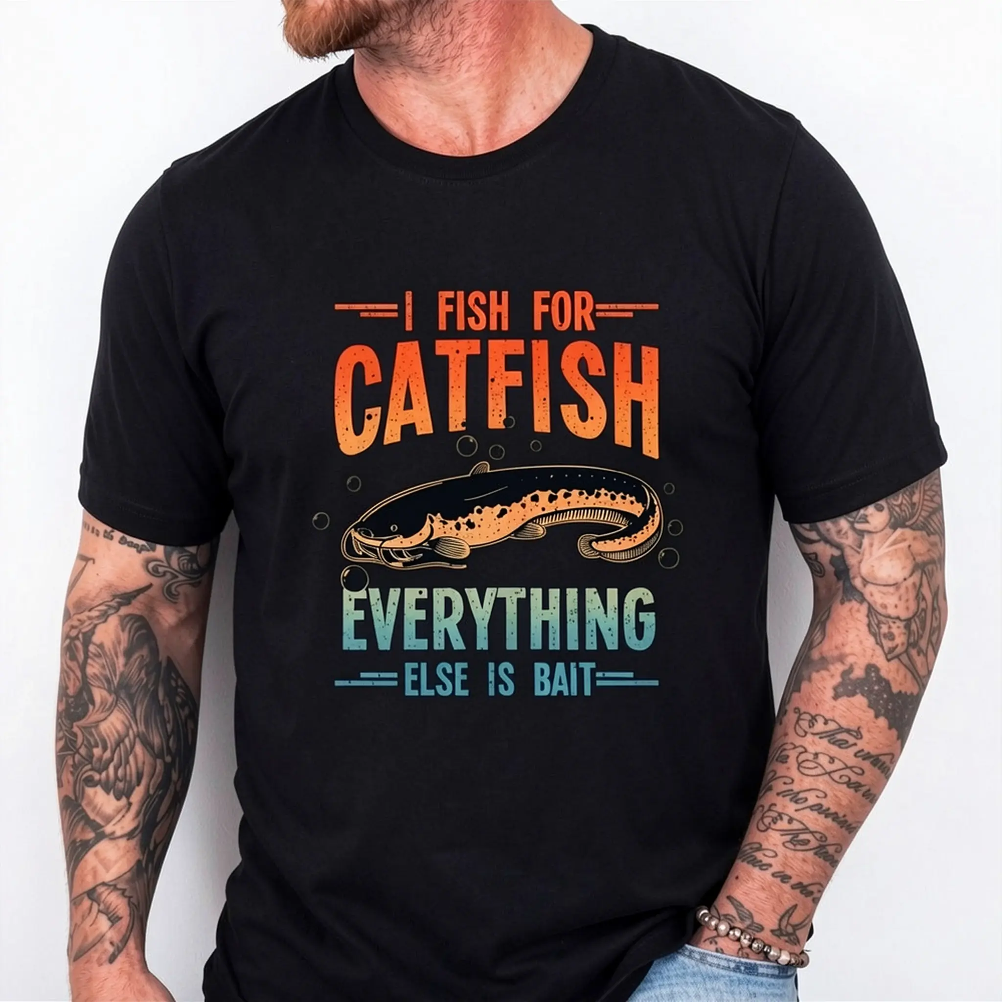 Men's Plus Size Humorous Catfish Fishing T-Shirt - Retro Vintage Style with "I FISH FOR CATFISH" Graphic, Featuring Catfish Illustration and Bubbles, Perfect Gift for Fishing Enthusiasts, Shortsleeve, Casual Streetwear Oversized Menswear Cotton