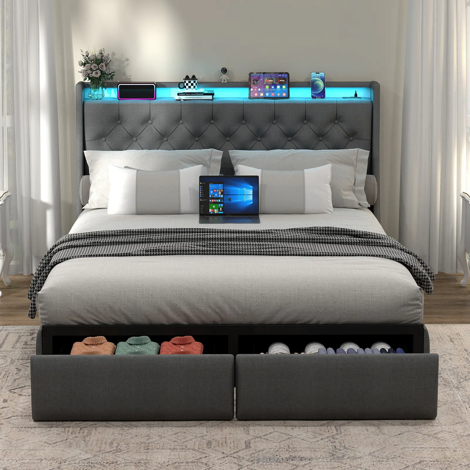 ARCH Queen Metal Platform Bed Frame with Tufted Linen Headboard, 2 Drawers, Remote-Controlled RGB Lights, USB Type-C & AC Charging Station, 800 lbs Cap., Noise-Free Slat Support, No Box Spring Needed, Grey Bedroom Furniture