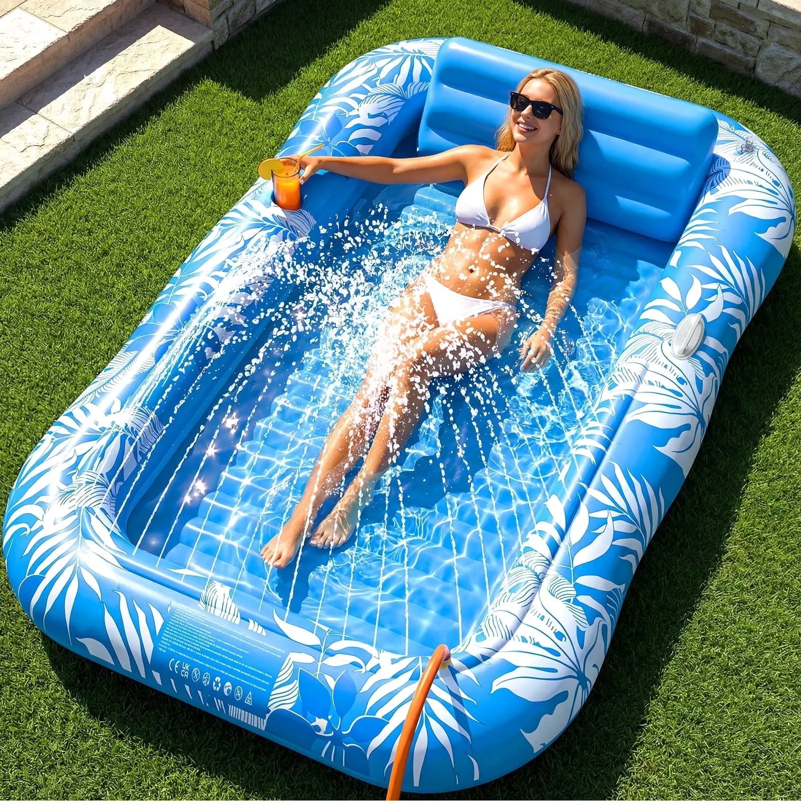 PanAdventure Inflatable Tanning Pool Float for Adults with Sprinkler, Pillow & Cup Holder, 77" x 48" Oversized Pool Lounger for Backyard, Pool & Beach, Blue