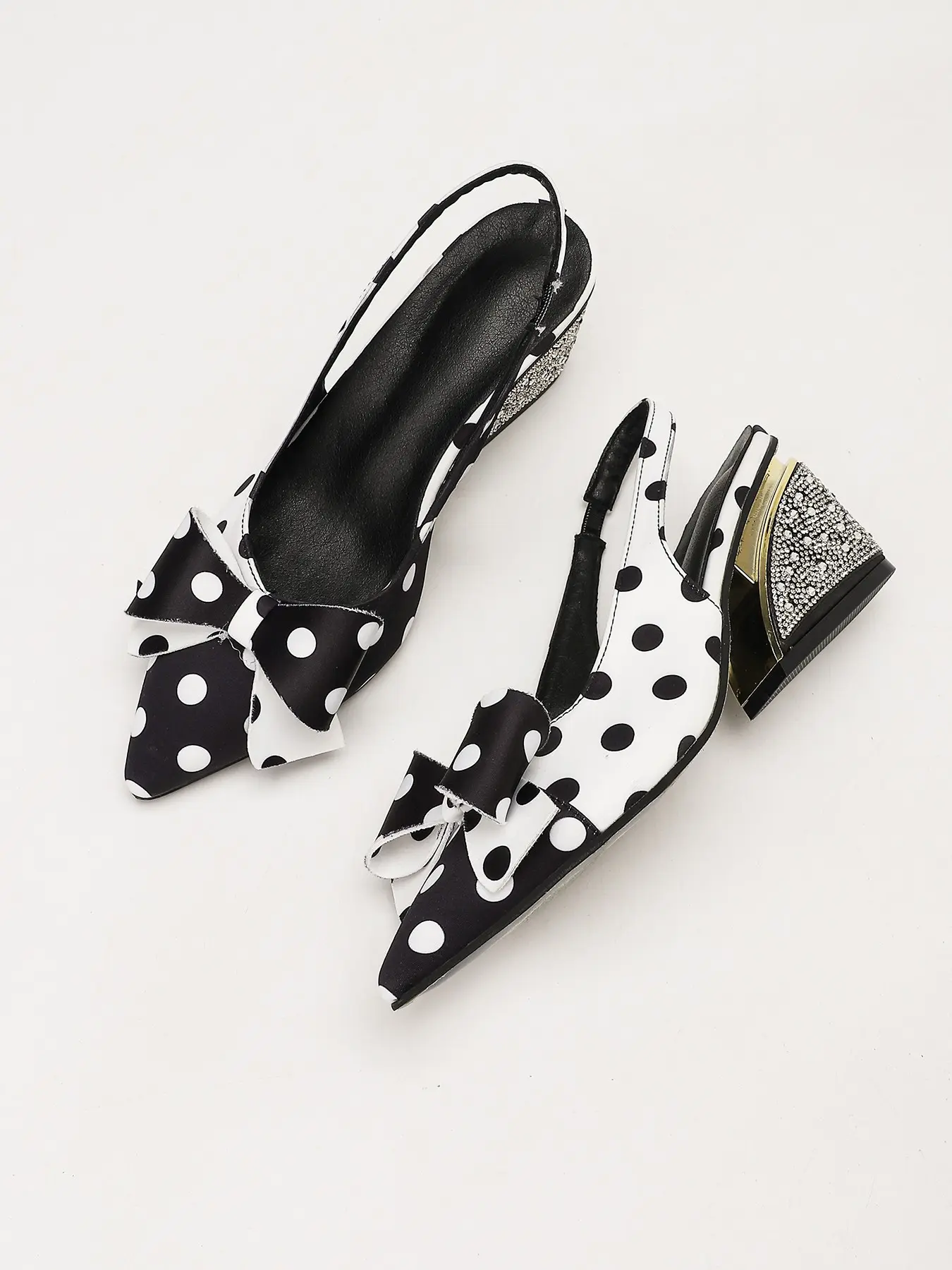 Vintage Polka Dot Pointed Toe Flatform Sandals, Rhinestone Butterfly Back Strap, Elegant Evening Party Shoes, Fashionable Rhinestone Sandals