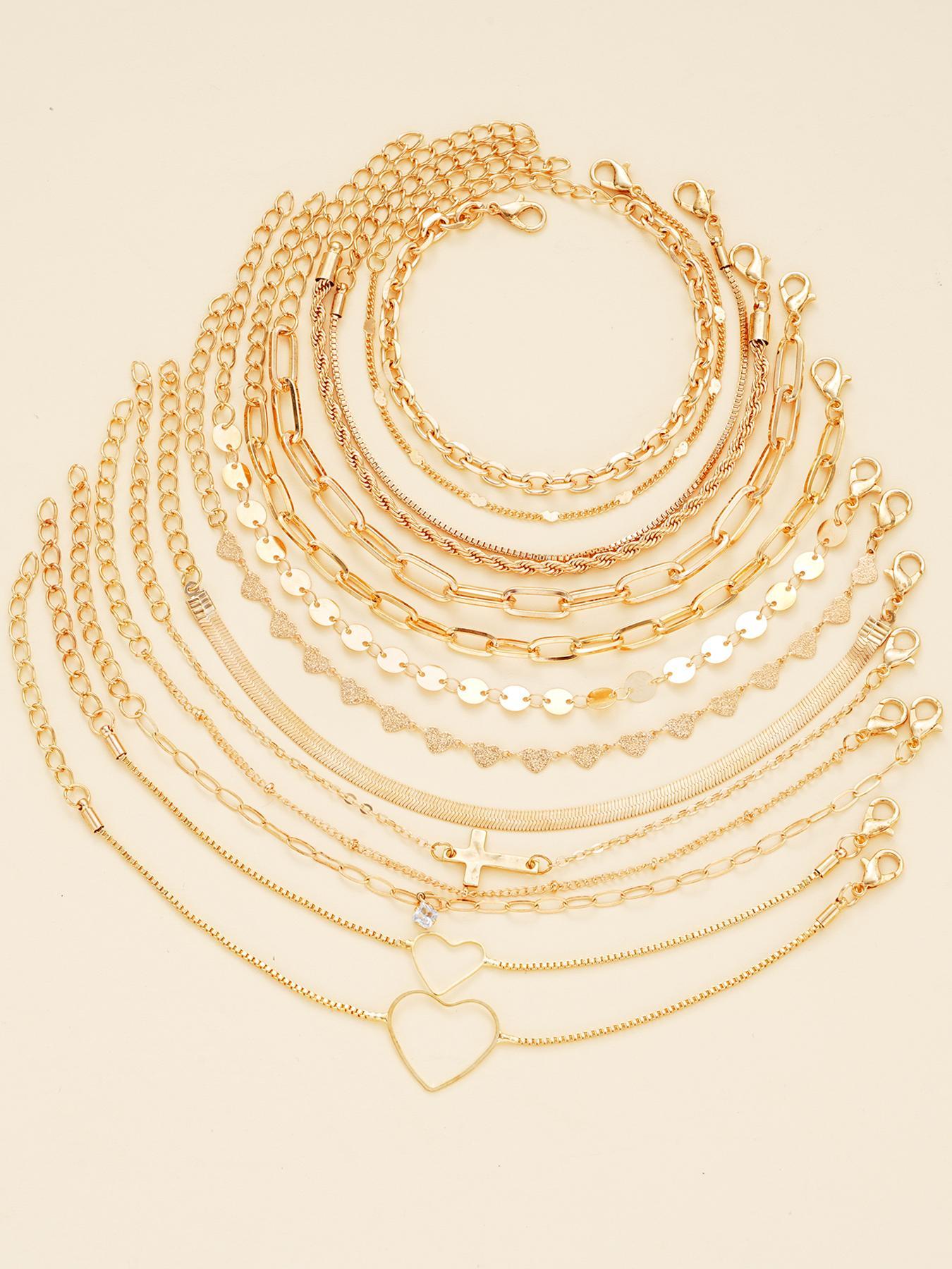 Women's Elegant Stackable Bracelets Set, 14pcs/set Cross & Heart Design Link Bracelet & Chain Bracelet, Fashion Casual Trendy Jewelry for Party, Daily Decor, Trendy All-match & Exquisite Jewelry for Birthday Gift