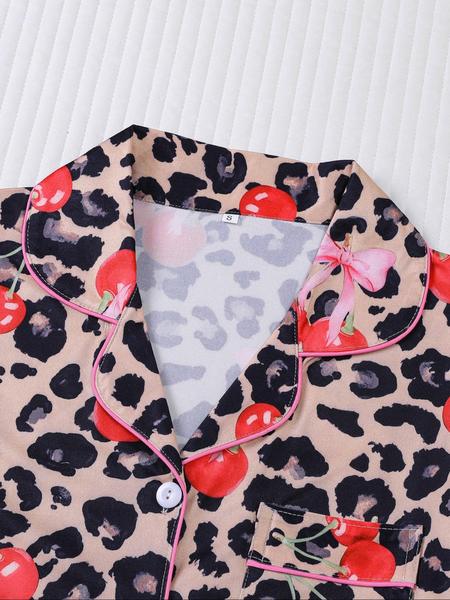 【Pink cherry】Women's Leopard Print Cherry Bow Sleepwear Set, Short Sleeve Button Front Top & Elastic Shorts, Casual Home Wear, Party