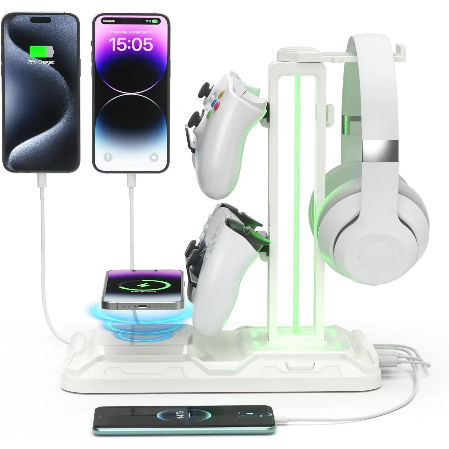 RGB Headphone & Controller Stand with   - Rotatable Headset Stand with 9 Light Modes - Controller Holder with 2 USB and Type C Ports - for Gamers Desktop Accessories(White)