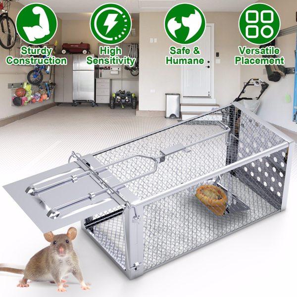 Stainless Steel Rodent Trap - High Sensitivity Pedal Auto-Locks Door, Humane Live Capture - Safe, Durable, Indoor/Outdoor Versatile Placement, Easy to Use