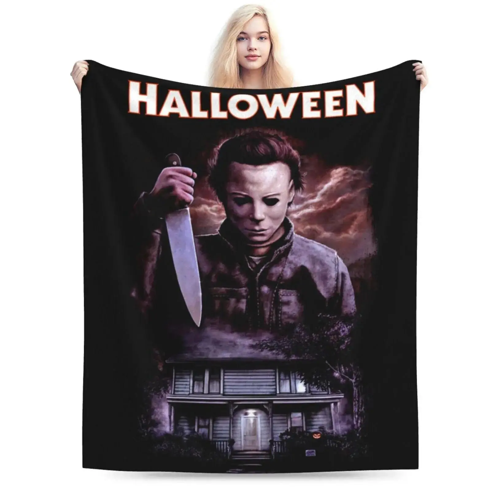Classic Horror Movie Character Print Throw Blanket Dark Haunted House Halloween Theme Soft Reversible Fleece Blanket for Sofa Spooky Decor Gift For Horror Film Fans All Season Use