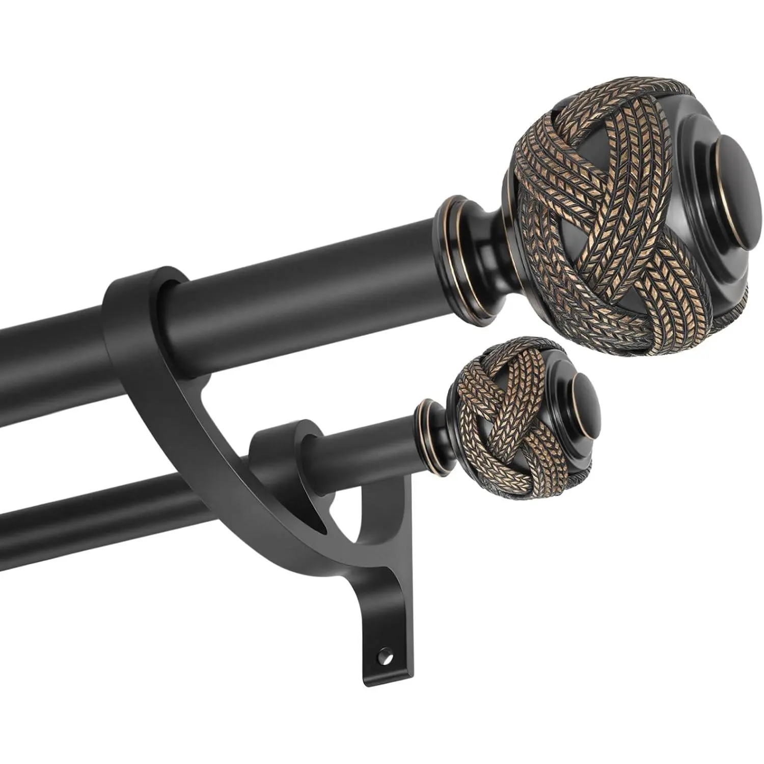 Double Curtain Rods 72 to 144 Inches, Decorative Double Drapery Rod with Aluminum Alloy Brackets, Heavy Duty 1” Front and 5/8” Back Telescoping Double Windows Rod with Classic Finials, Matte Black