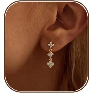 Dangle Earrings for Women,Dainty Bridal Earrings 14k Gold Plated CZ Clover Drop Earrings Cute Crystal Gold Earrings for Women Trendy Long Wedding Dangling Earrings Prom Jewelry