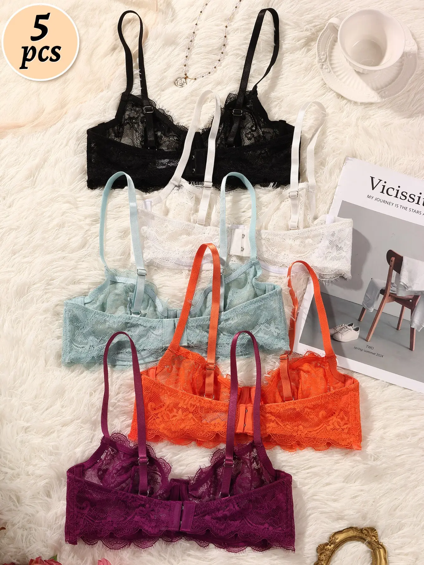 5 Pcs Colorful Lace Ruched Bra Set, Adjustable Straps, Multi-Row Back Buckles, Breathable Semi-Sheer Underwear, Perfect for Dates & Daily Wear
