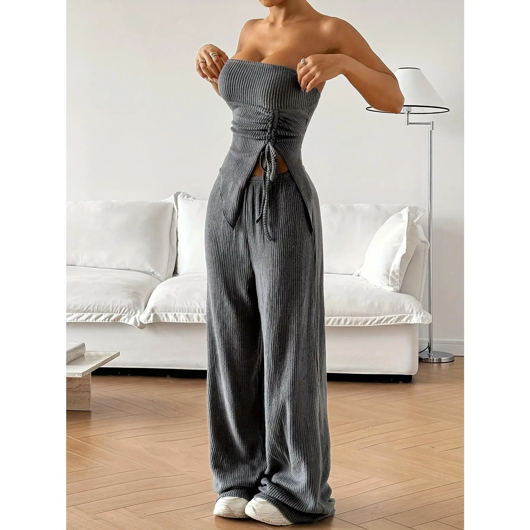 Yudomi • 2pcs • Women's Summer • Solid Color • Side Tie Drawstring • Crop Top and Pants Fashion Set