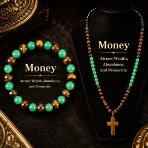Arpurraina Beaded Cross Necklace Feng Shui Money Attraction  Bracelet & Cross Necklace Set, Tiger Eye and Green Aventurine Crystal Jewelry for Wealth Attraction, Prosperity, Good Luck, Protection and Positive Energy Success ,Manifestation ,Crystal Healing