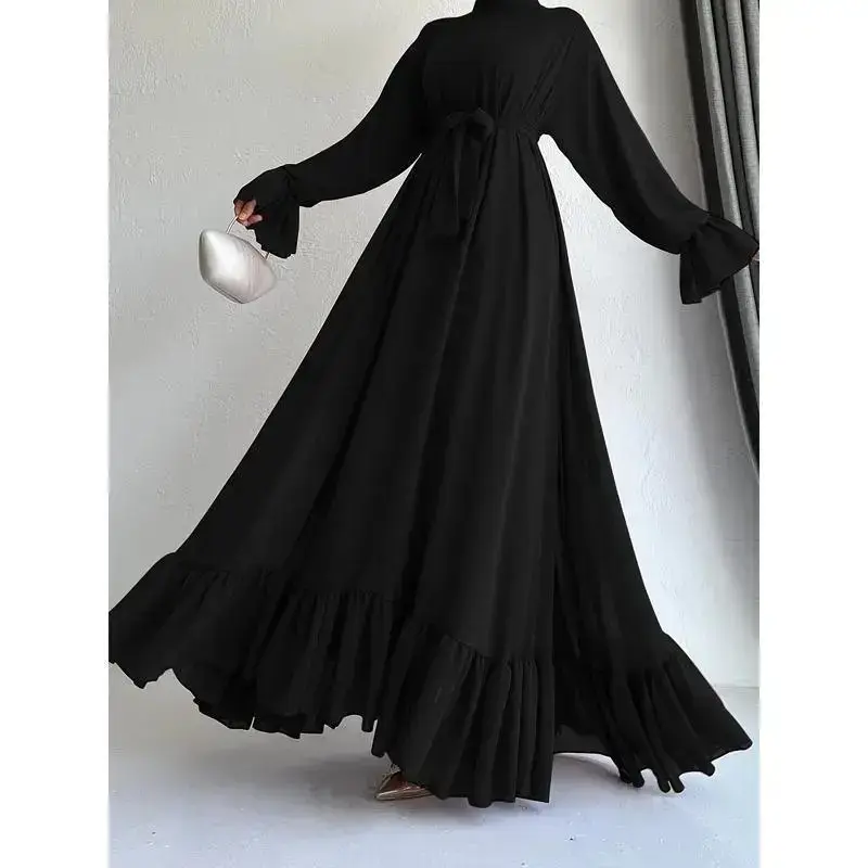 Stunning Solid Color Belted Peplum Maxi Dress - Elegant Abayas for Women with Long Sleeves, Pleated Design, and Flattering Silhouette for Spring and Fall Seasons - Chic and Modest Clothing for Ladies