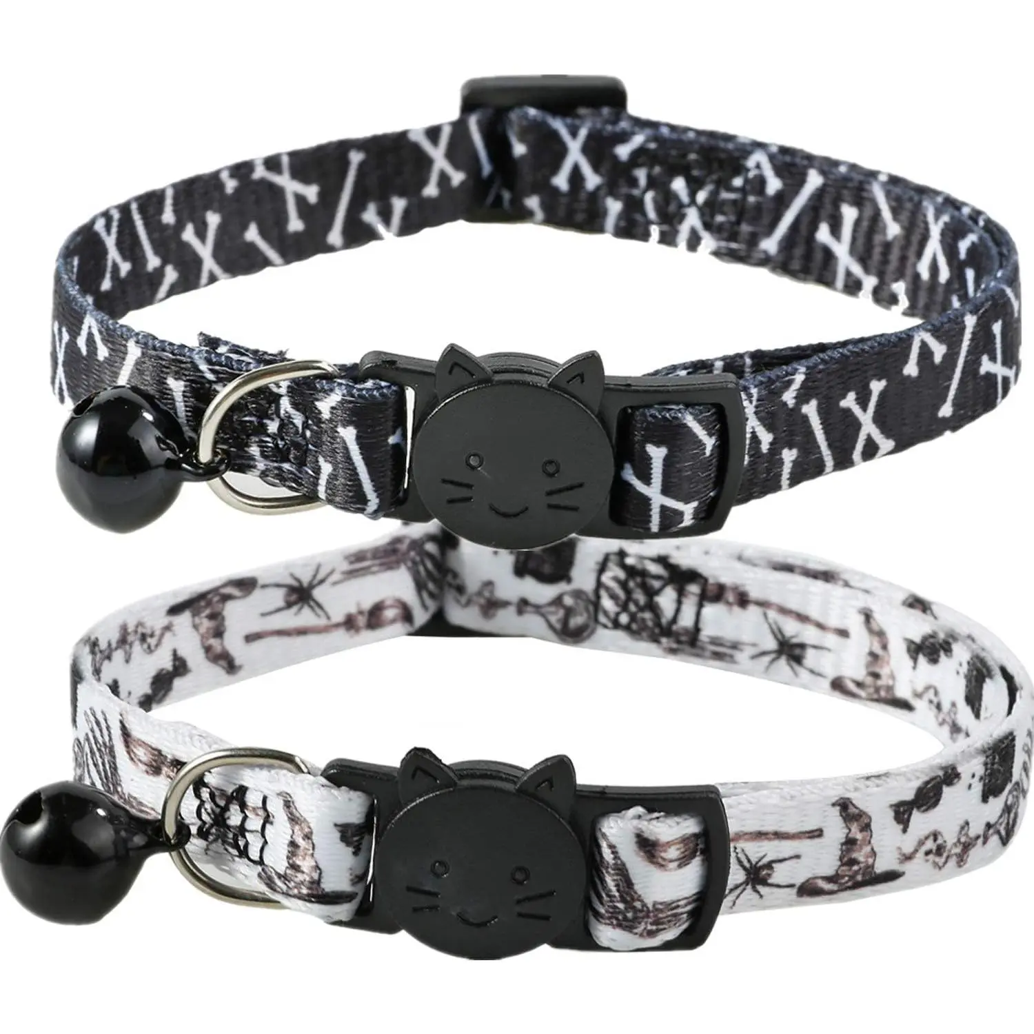 2-Pack Halloween Skull Cat Collars with Bell, Breakaway Plastic Safety Buckle, Adjustable for Kittens and Small Cats (No Warning Applicable)