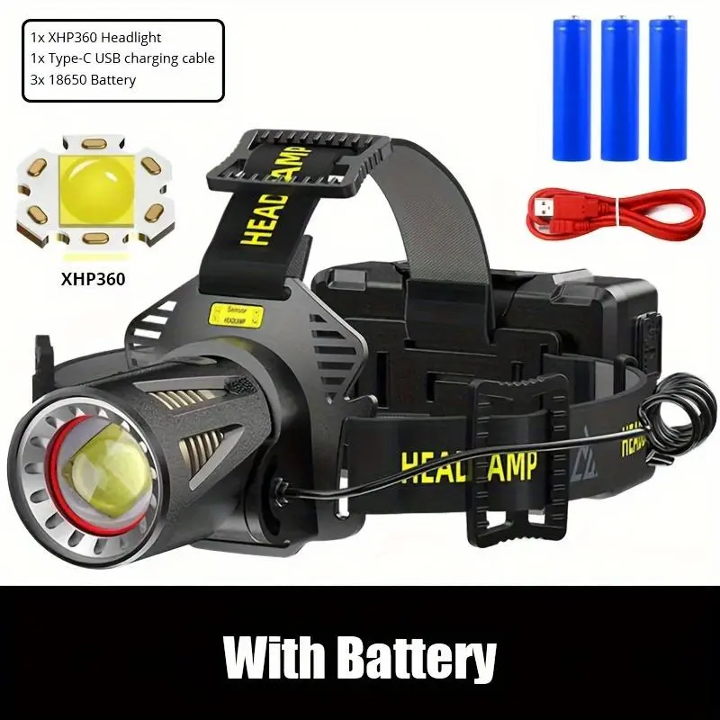 Rechargeable Motion Sensor LED Headlamp - 600 Lumens, Zoomable, Waterproof, Aluminum-ABS, XHP360, Red Light, Multi-Mode Hands-Free Outdoor Head Torch for Hikers, Running, Camping