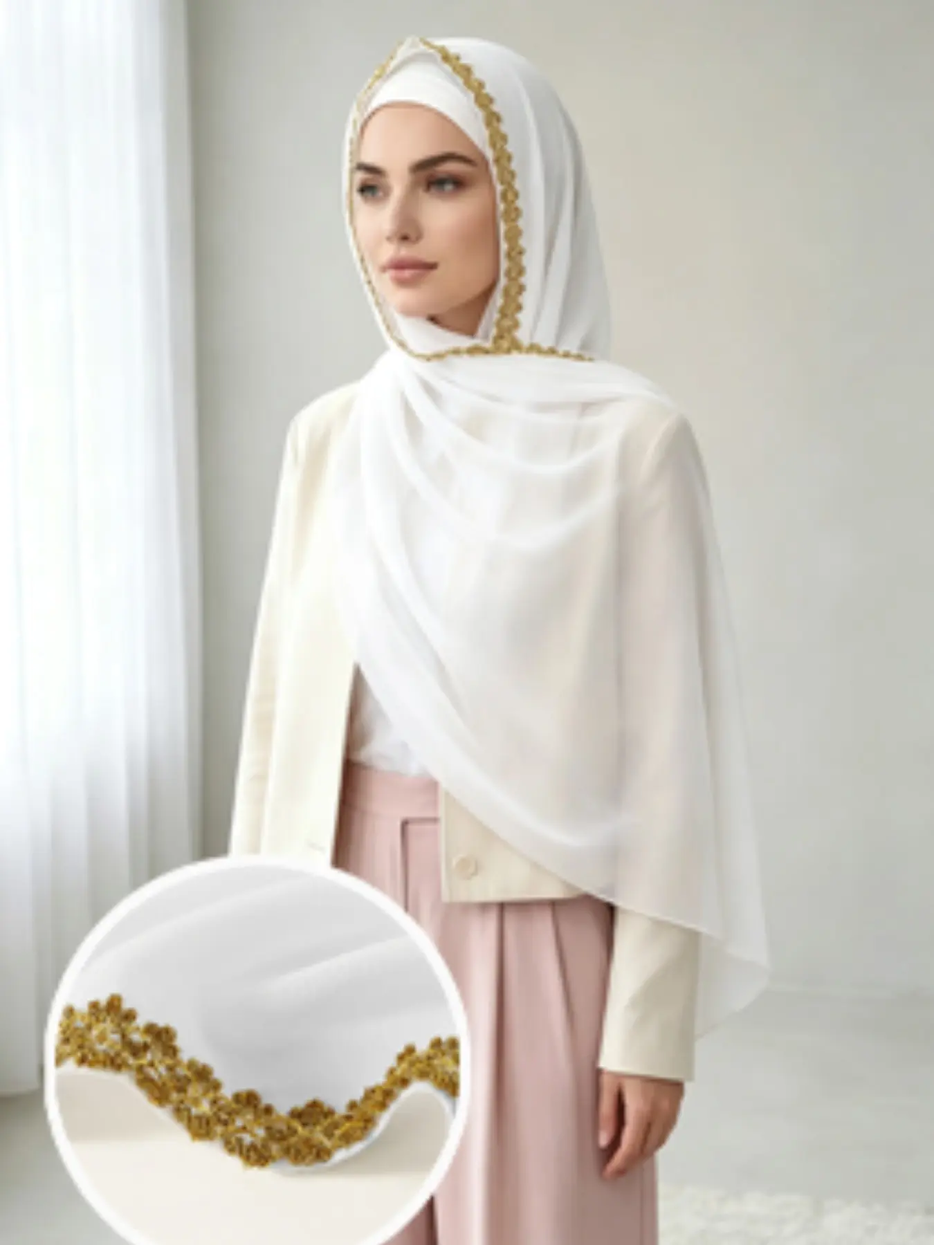 Women's Chiffon Hijab Scarf with Golden Lace, Elegant Breathable Long Shawl for Muslim Fashion Daily Wear