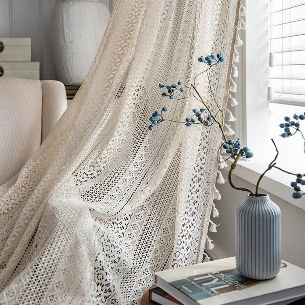 Bohemian Vintage Fringe Lace Curtain, Window Curtain, Cream Soft Functional Light Filtering Light Privacy Sunscreen Floral Gingham Pattern Drapes, Atmosphere Room Decor Curtains, Home Decoration Curtain 1pc