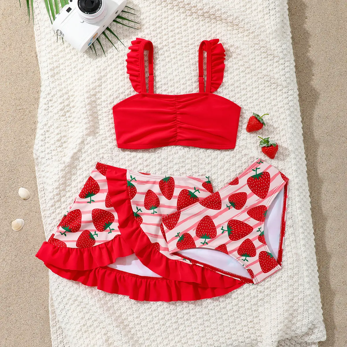 Girls 3 Piece Strawberry Print Bikini Swimsuit Set, Ruffle Adjustable Strap Kids Split Swimwear for Vacation