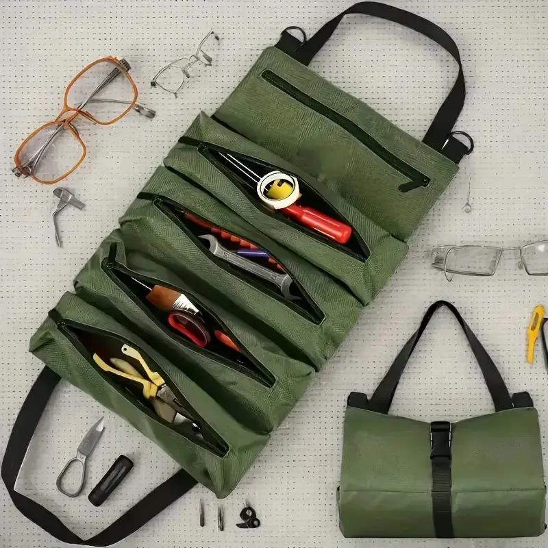 Foldable Tool Storage Bag Multiple Compartments Design with Adjustable Shoulder Strap for Auto Repair Electrician Hardware Tools