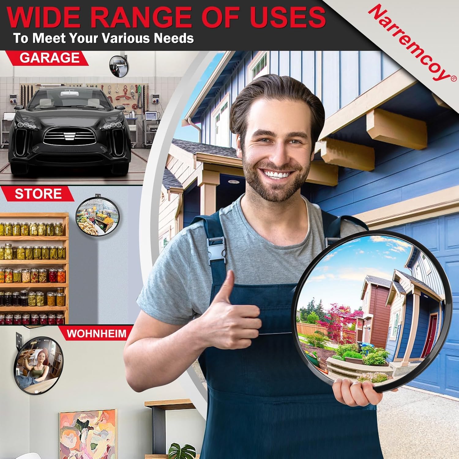 12 inch Acrylic Convex Mirror, Adjustable Wide Angle View Indoor Security Mirror, Corner Security Blind Spot for Warehouse, Office, Parking Garage and Traffic Safety