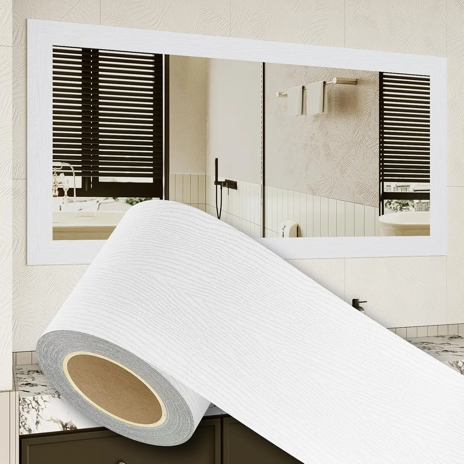 Peel and Stick Wallpaper Borders 390" x 4" Self Adhesive Wood Grain DIY Removable Border Sticker for Kitchen Bathroom Mirror Wall Decor 10.8 Sq.Ft White Wood