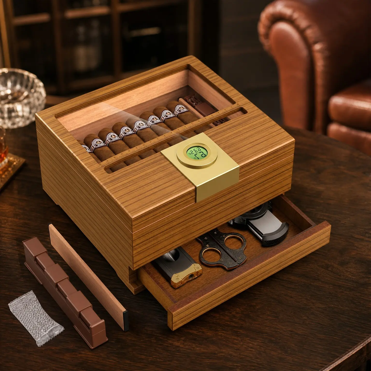 Handcrafted Cedar Wooden Cigar Humidor with Hygrometer & Humidifier – Desktop Cigar Box with Drawer, Divider, Cigar Length Gauge, Gift Cigar Accessories (Light)Gift
