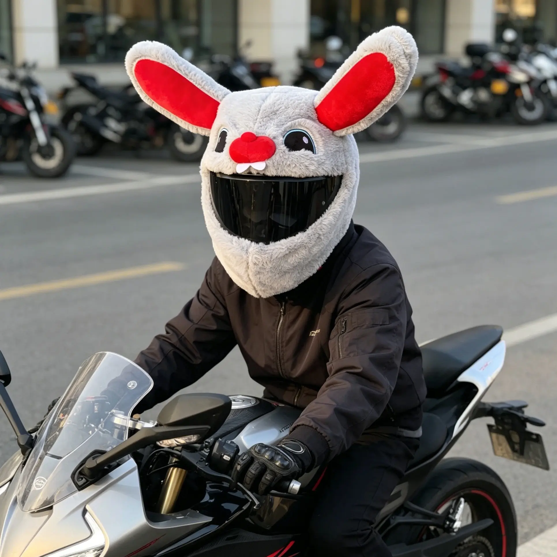 3D -Nose Bunny Helmet Cover, Thickened Non-Shedding Plush Helmet Protector, Unisex Motorcycle Windproof Riding Accessory