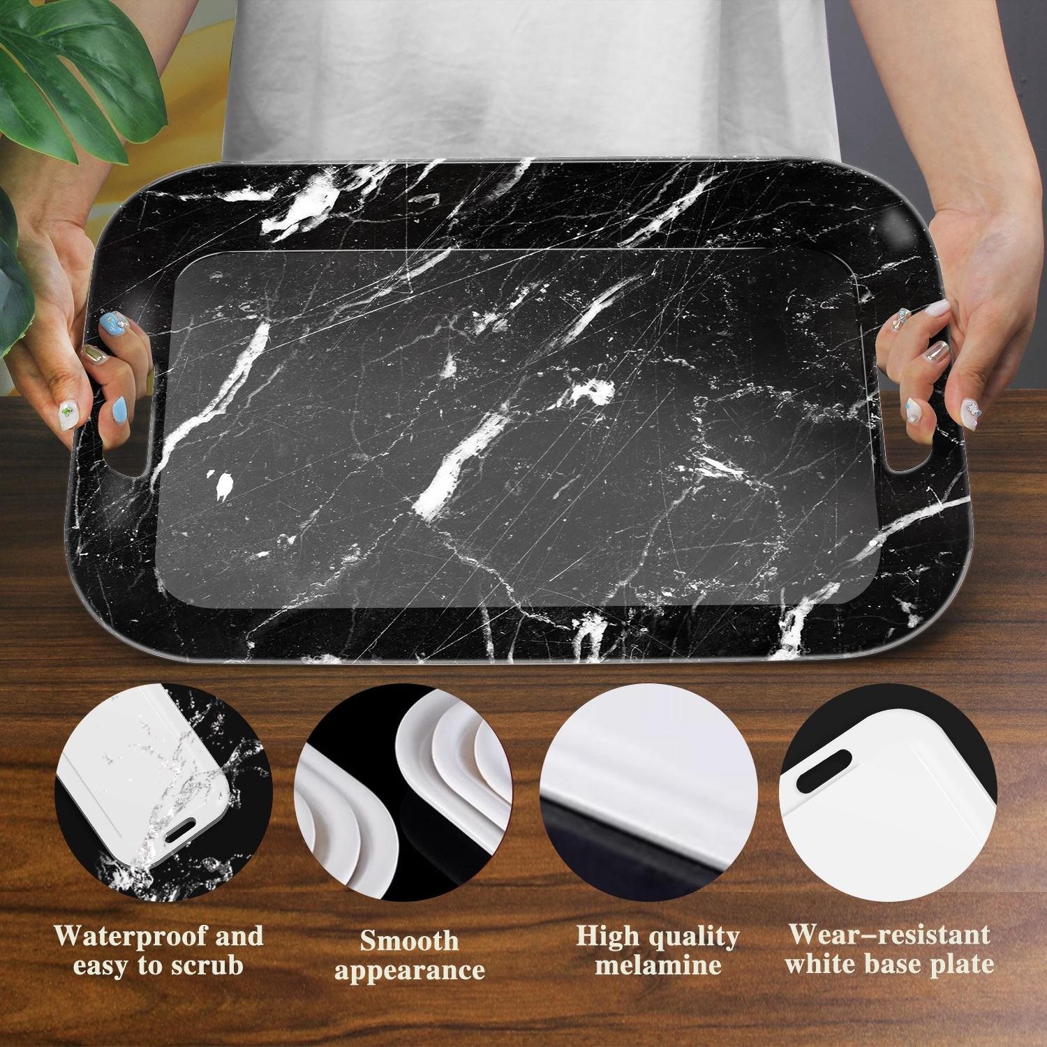 Modern Rectangular Serving Tray - Elegant Black Marble-like pattern, Lightweight & Easy-Clean Surface, Sturdy Melamine Construction for Kitchen, Dining, Office, Party - Decorative Table Tray with Grip, Home Entertaining, Contemporary Design, Highquality