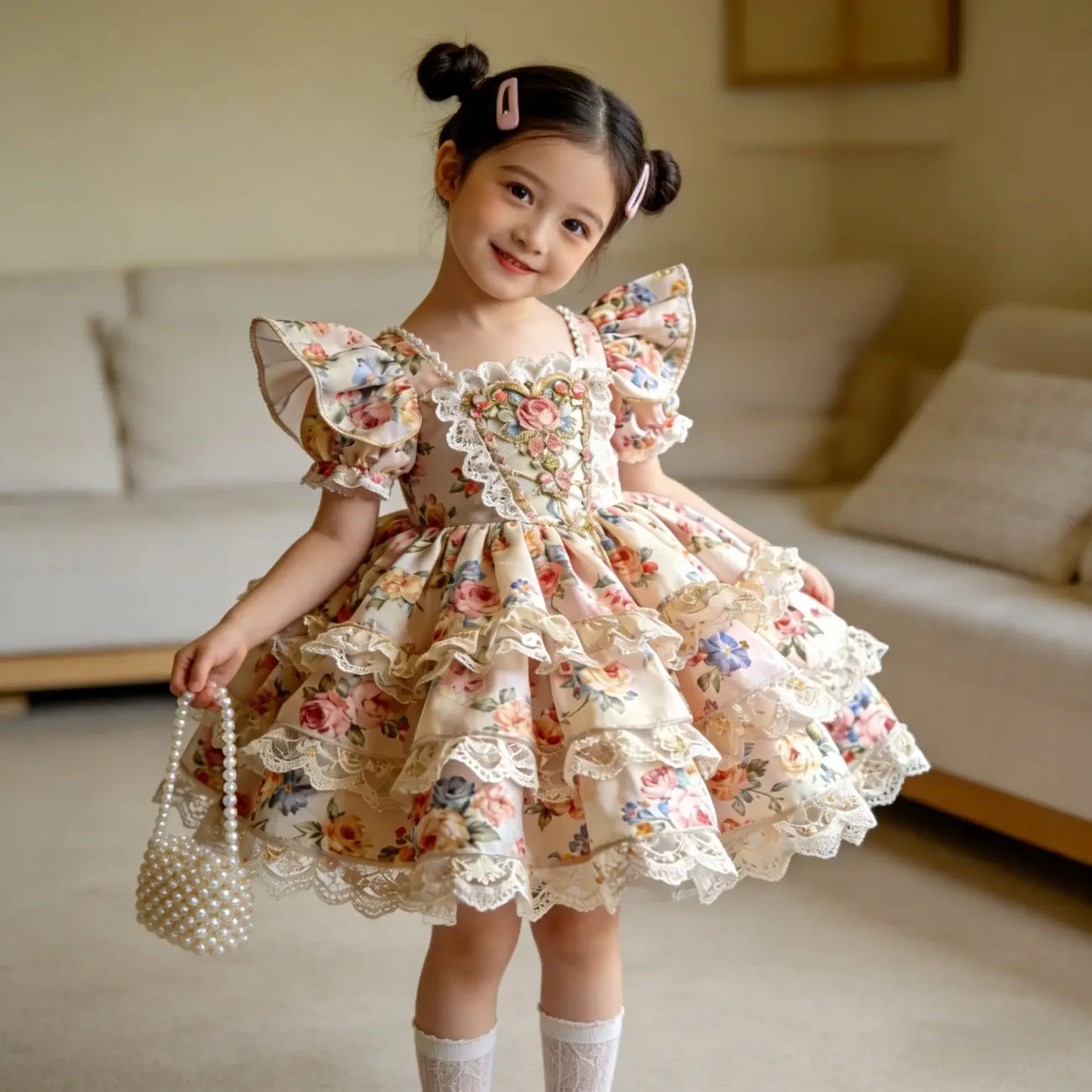 Little Girl Cottagecore Dress, Floral Print Toddler Outfit with Square Neck, Puff Sleeves, and Tiered Lace, Light & Airy Midi Wear, Birthday Dress, Toddler Dresses, Short Sleeve Tops