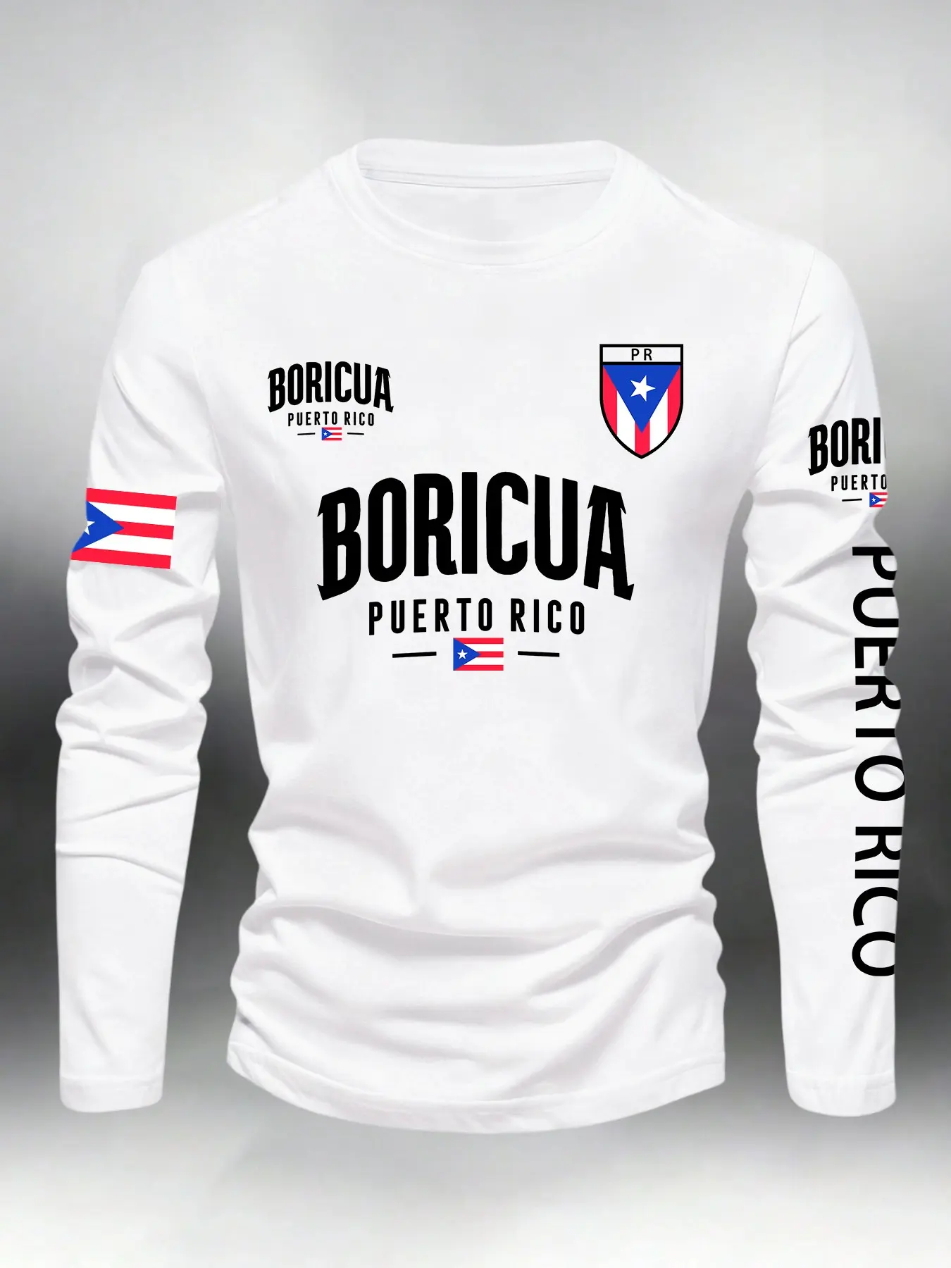 Men Crew Neck Long Sleeve T Shirt, Boricua Puerto Rico Flag Letter Graphic Print, Soft Casual Hispanic Heritage Cultural Pride Top, Back To School Streetwear Daily Outdoor Trendy Tee For Male