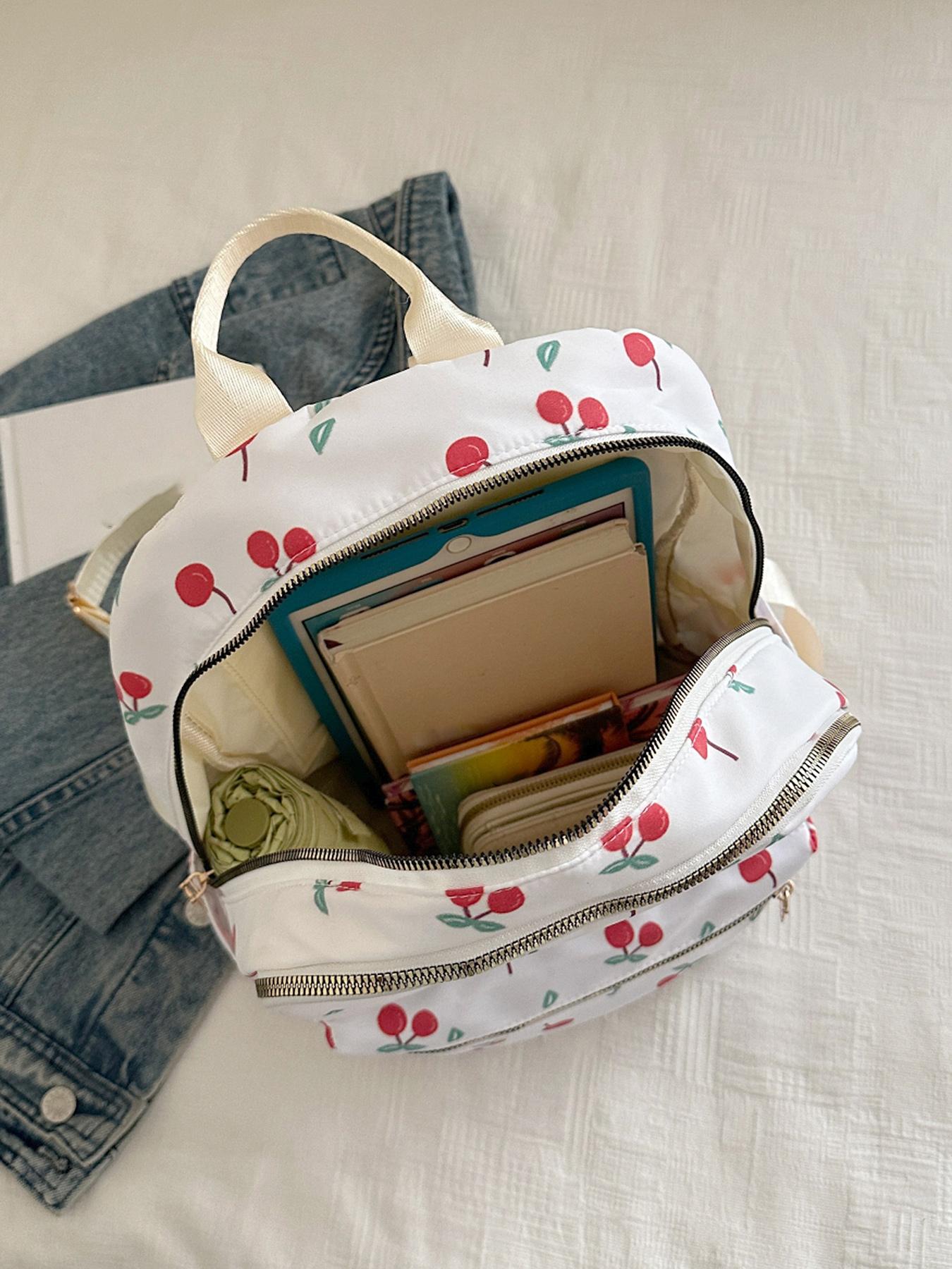 Cute and soft cherry pattern design backpack, sweet girl casual backpack, lightweight and practical portable travel bag, large capacity campus school bag, heavy load, simple and stylish travel companion
