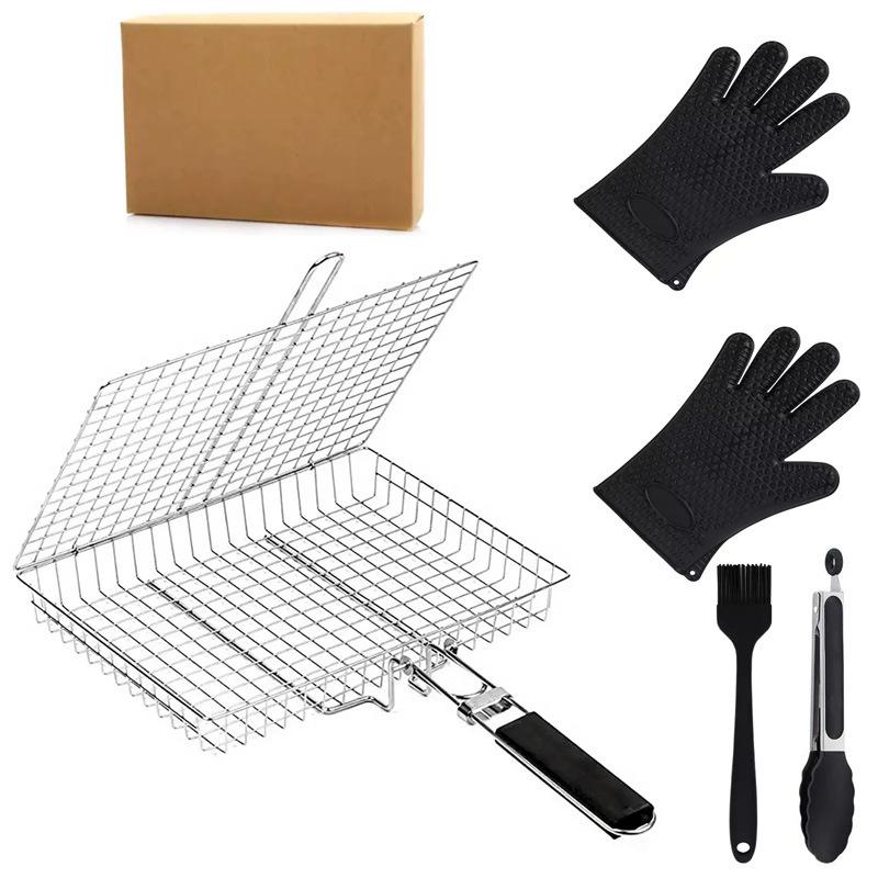 BBQ Stainless Steel Folding Handle Grill Tongue, Outdoor Multi-Functional Grill Net, Fish Meat Vegetable Rack, BBQ Tools