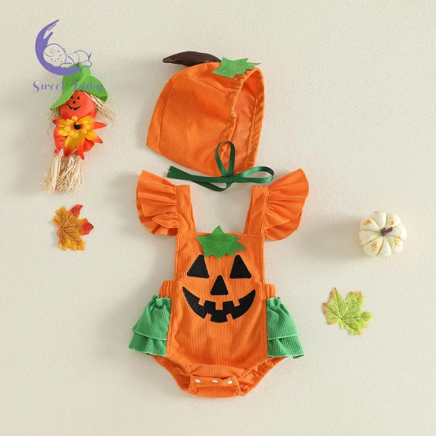 Baby Girls' Halloween 2-Piece Cotton Blend-Polyester Mix Pumpkin Print Flying Sleeve Romper & Hat, Multi-Size Gift Set