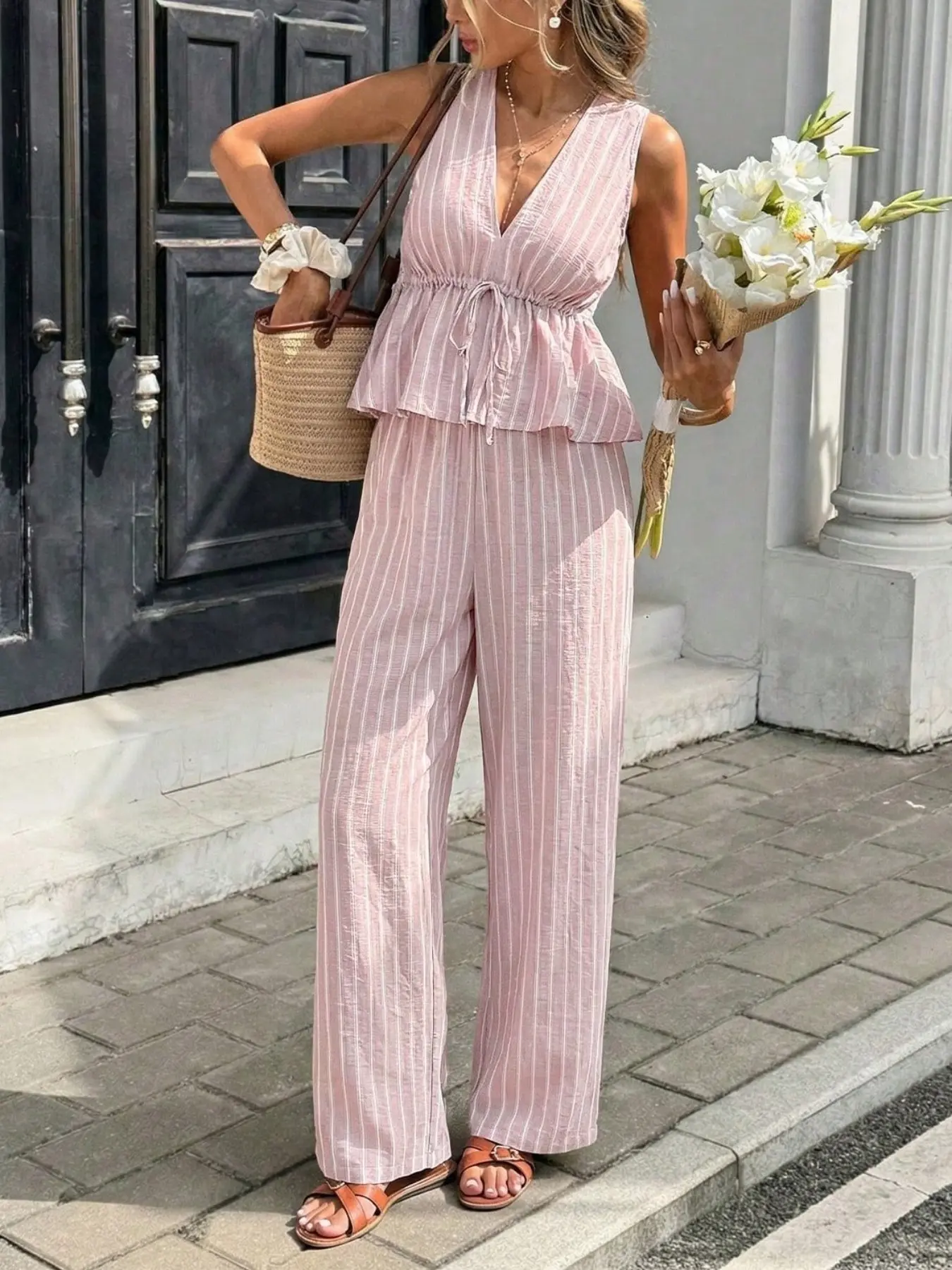 Women's Summer Chic 2 Piece Pants Set, Casual Everyday Set, Sleeveless V Neck Peplum Top, Wide Leg Pants, Lightweight Striped Resort for Vacation, Beachwear Clothes