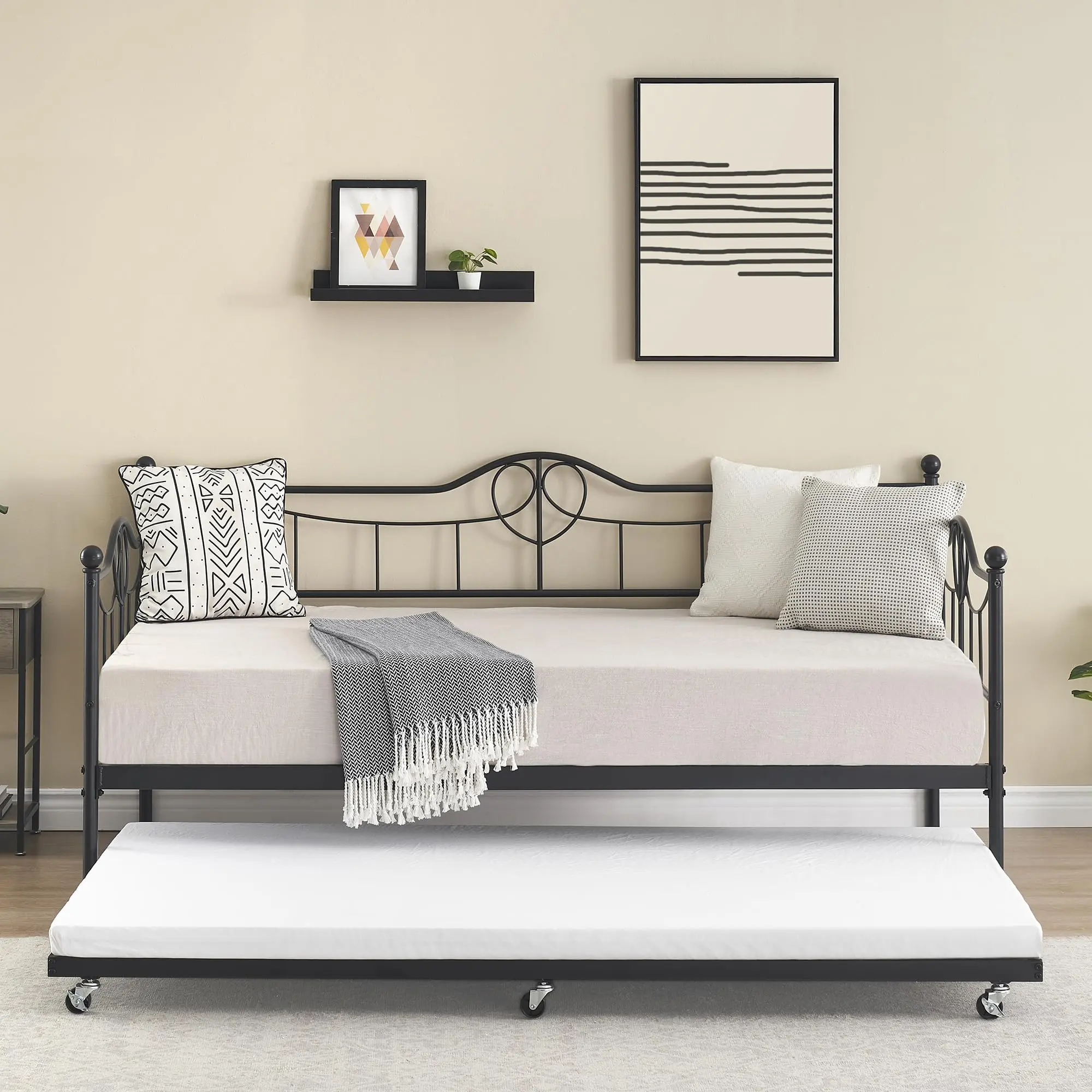 GARVEETwin Daybed with Trundle, Twin Daybed and Pull Out Trundle Set, Metal Sofa Bed Frame with Steel Slat Support, Space-Saving Sleeper Sofa for Living Room, Bedroom and Guest Room