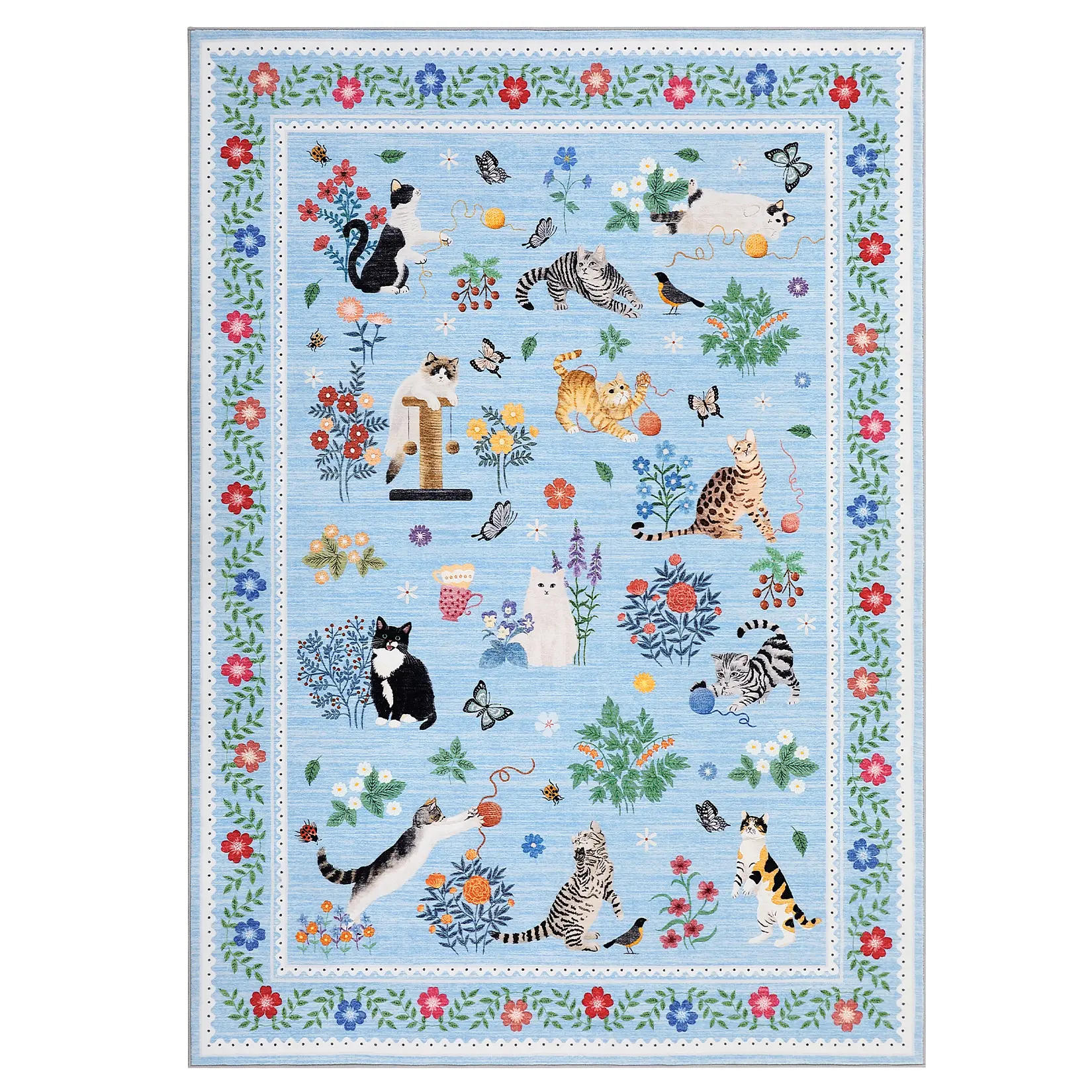5x7 Light Blue Cat Print Area Rug - Washable Non-Slip Nursery Rug with Floral Design - Ultra Soft Low Pile Carpet for Kids Room
