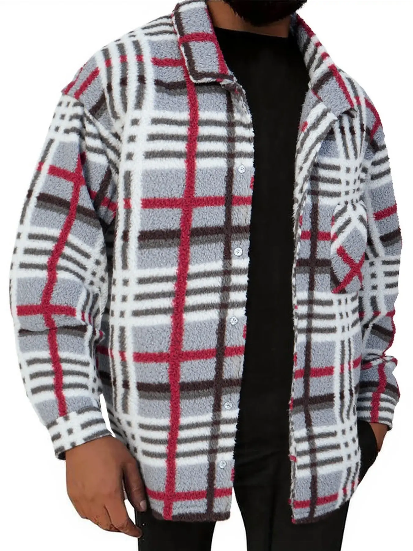 Men's Checked Plaid Fleece Shirt Cardigan, Loose-Fit Fall & Winter Outerwear, Thick Polyester Warm Top, Chest Pocket Design