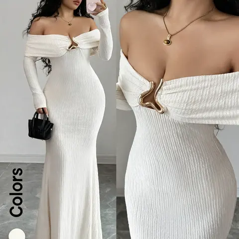 Women's Elegant Fashion Dress, Off-Shoulder Long Sleeve, Asymmetrical Metal Buttons, Fish Tail Hem, Textured Knit, Knit Fabric Dress, Fall Winter Dress