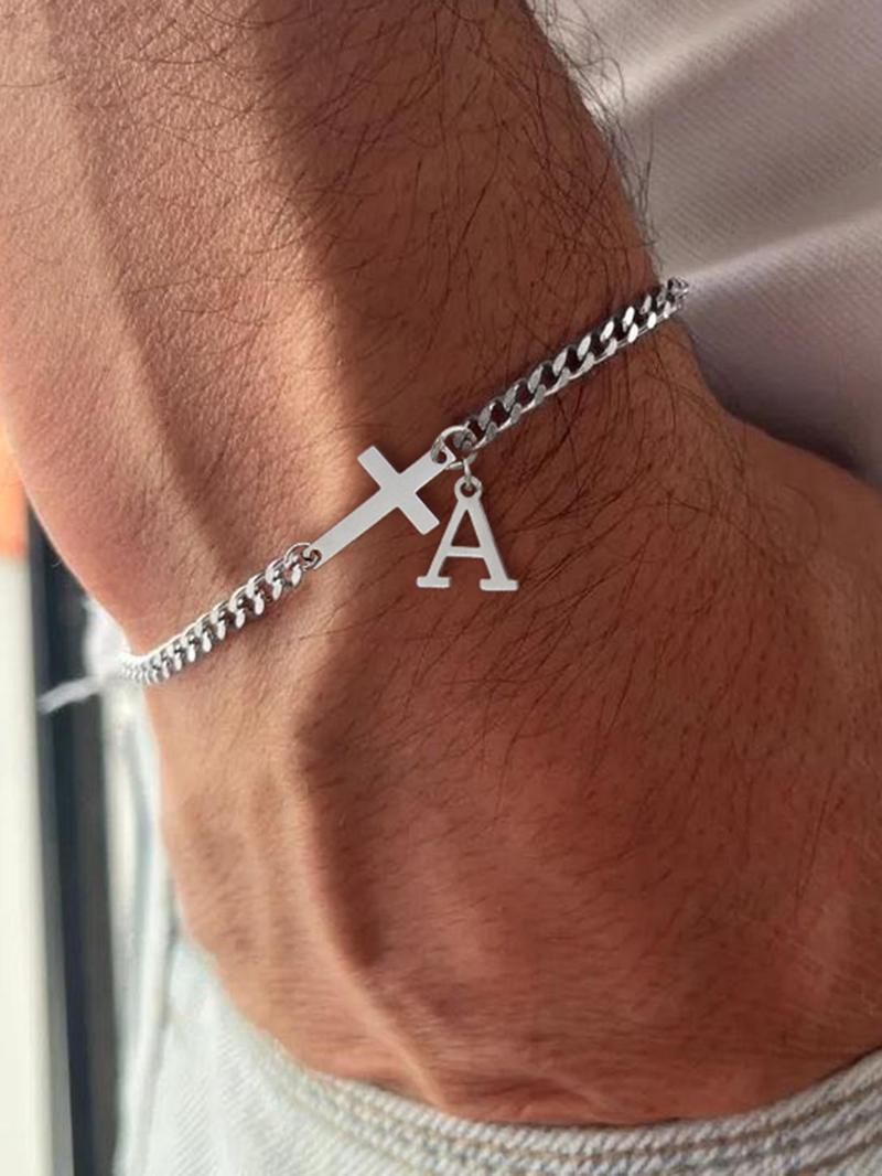 2026 New Men's Trendy Casual Bracelet, Simple Cross Charm and Letter Link Design, Fashion Bracelet for Daily Wear