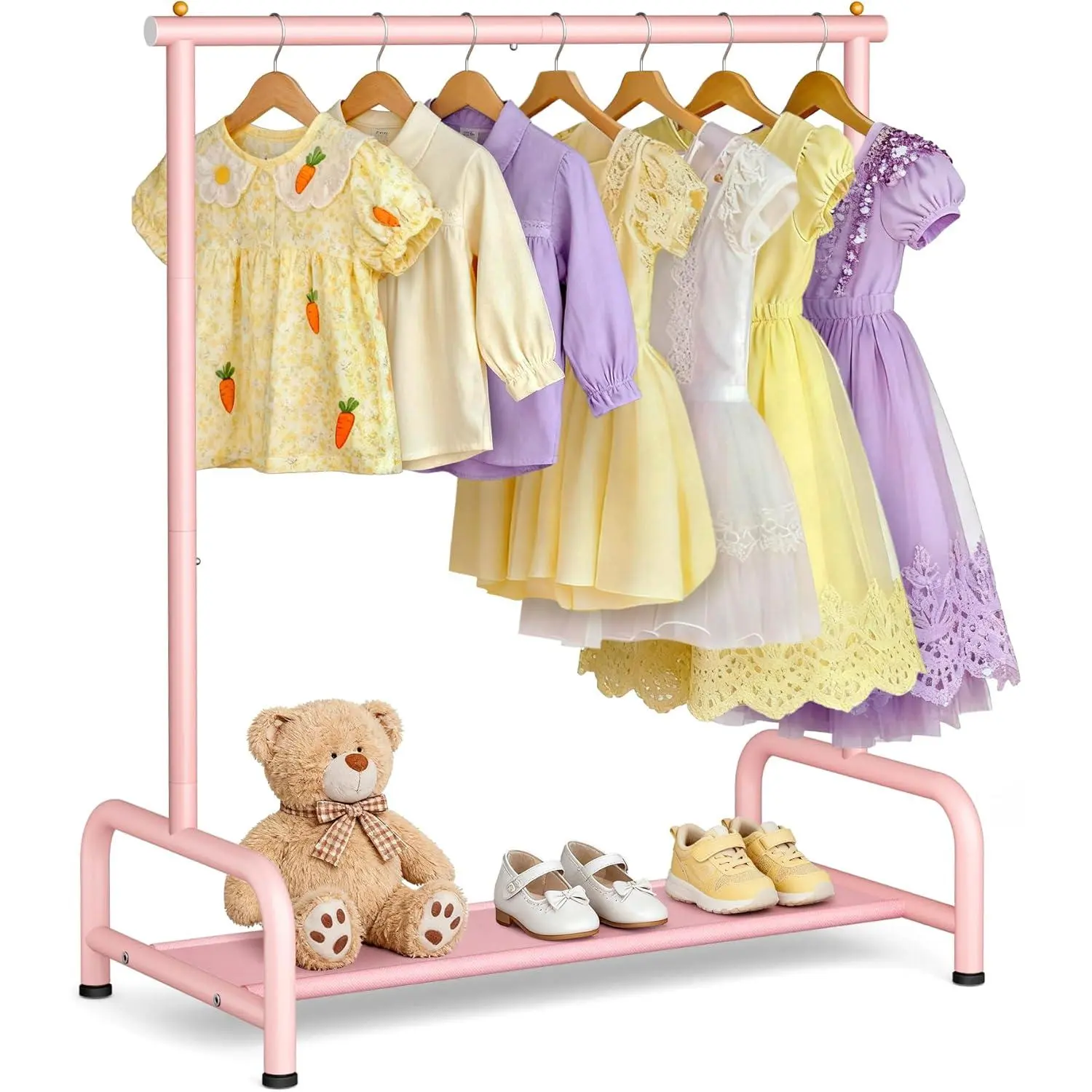 Kids Clothing Rack for Hanging Clothes, Dress Up Storage with Bottom Shelf, Small Baby Clothes Rack for Dance Costumes, Princess Dresses, Coats (Pink)