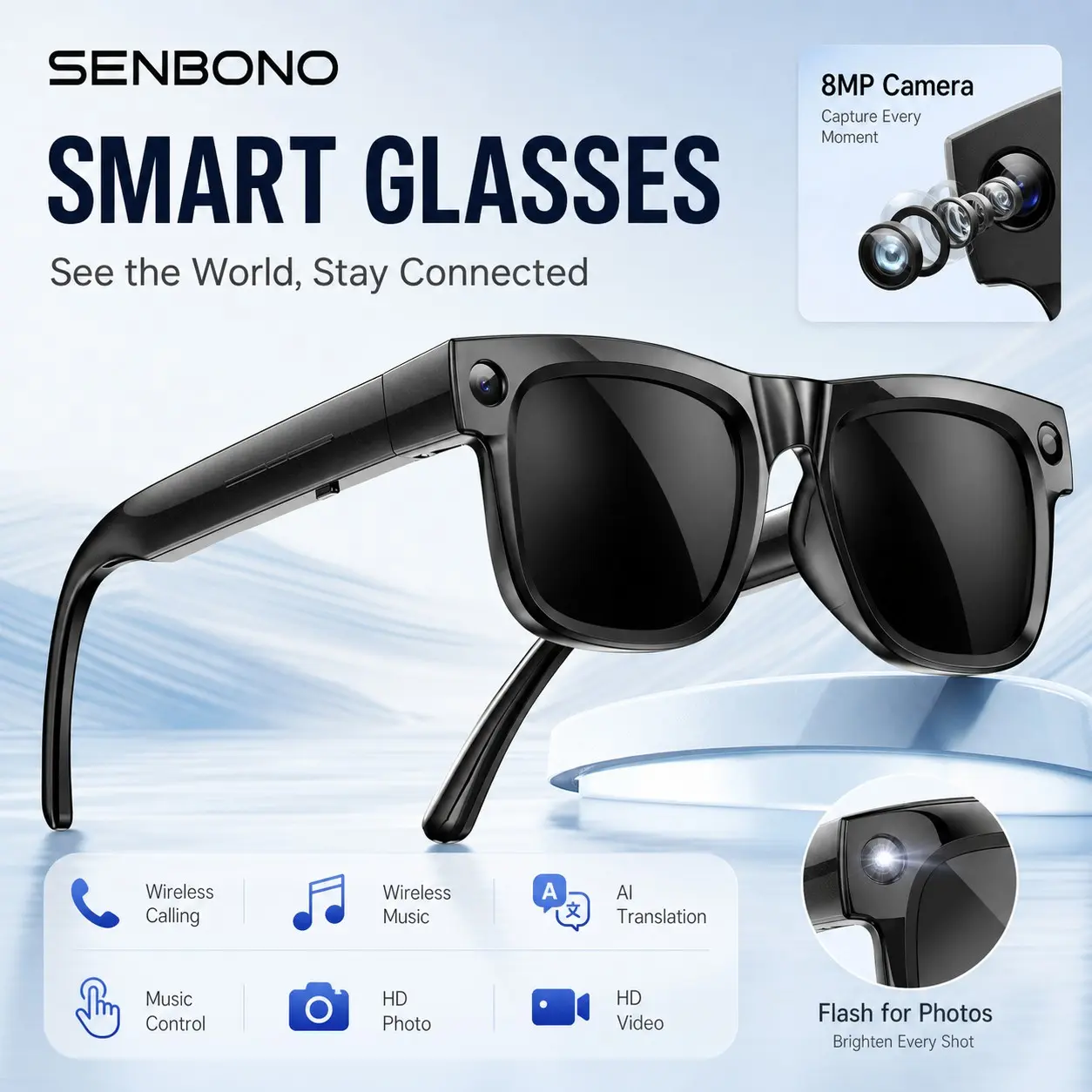 SENBONO Bluetooth Audio Smart Glasses with Dual Speakers and Dual Mics, Call Answering and Music Control, Touch Panel for Track and Volume, Android iOS Compatible, Camera for Daily Commute and Driving, Smart Sunglasses