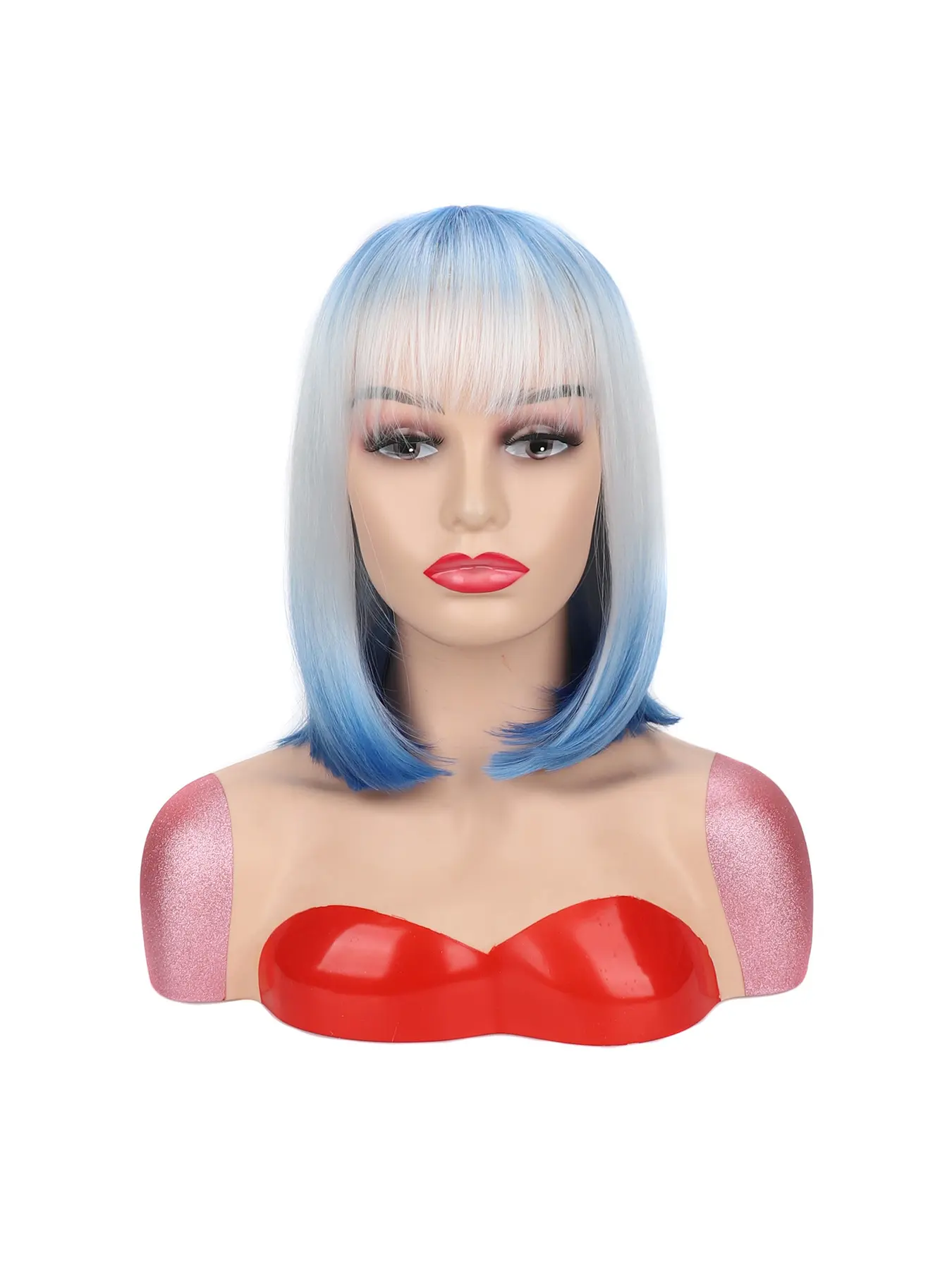 Full Head Women's Short Straight Bob Wig with Light Thin Bangs. Neat blunt-cut ends, striking layered color contrast. Trendy and eye-catching style, perfect for cosplay and parties, matches all kinds of creative looks.