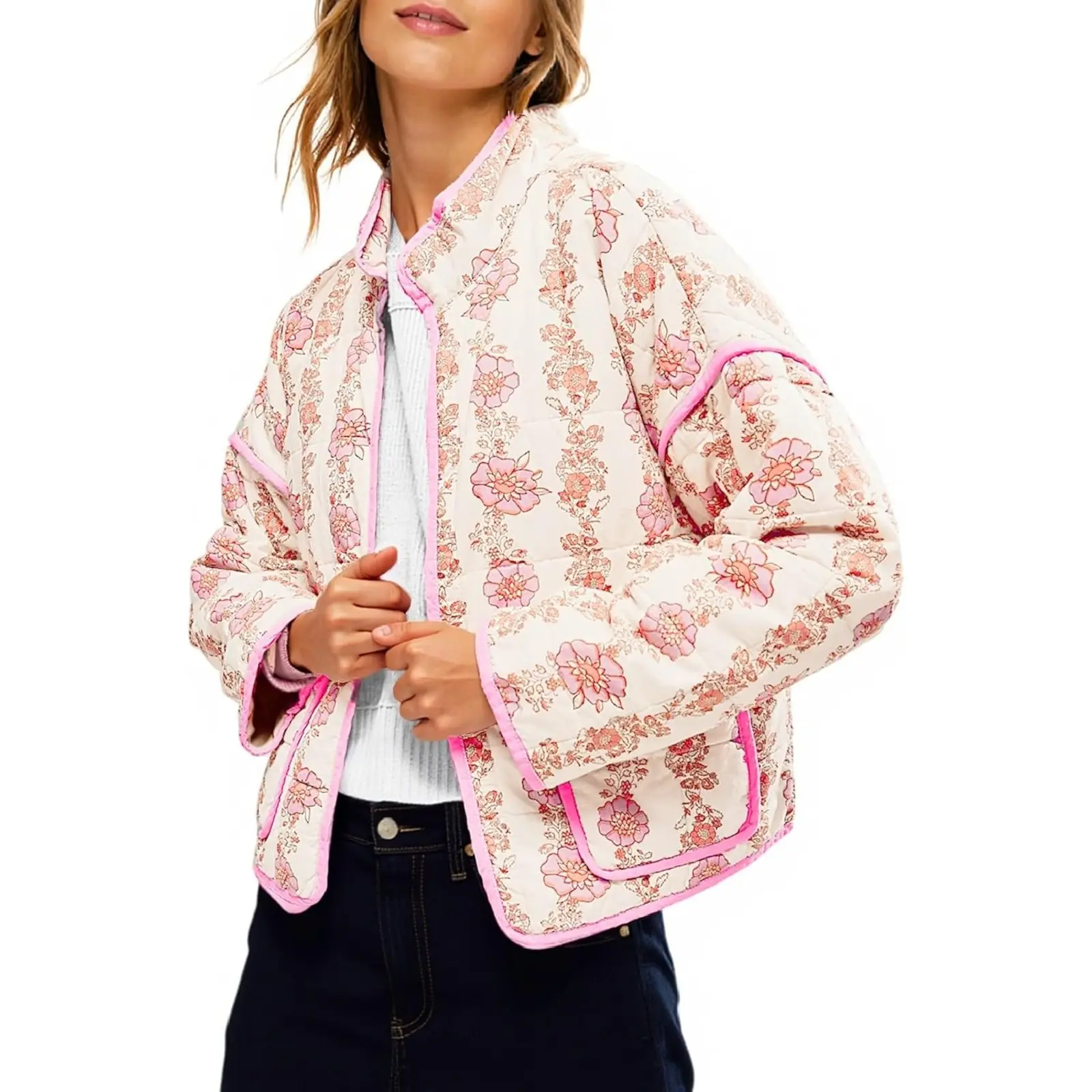 TANKANEO Womens Quilted Lightweight Jackets Floral Print Winter Coats, Quilted Jacket,Floral Print, Winter Coats, Open Front Cardigan, with Pockets