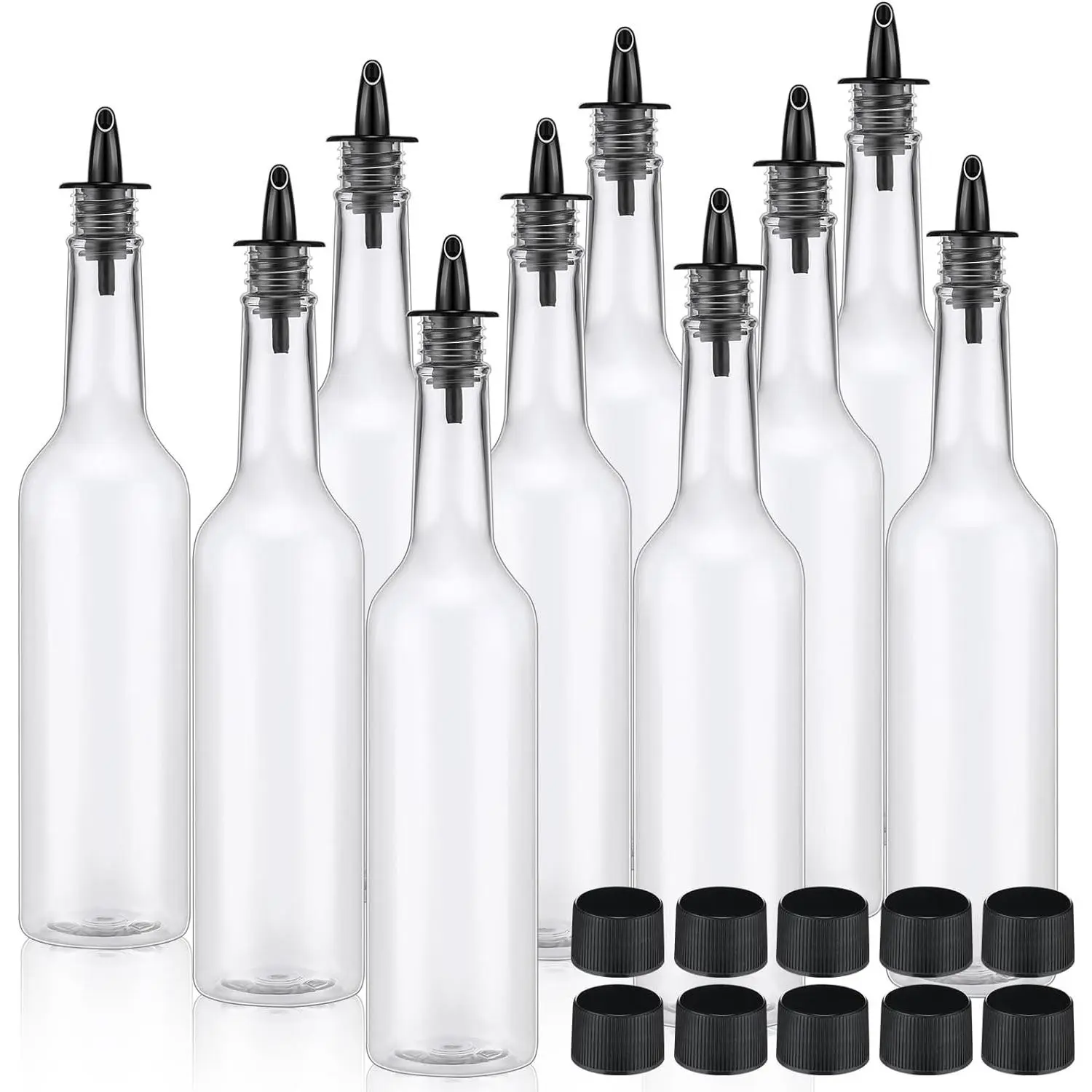 10 Sets 15oz Plastic Liquor Bottles with Pourers Sets 10 Plastic Long Neck Syrup Bottles with Pourer and Caps Reusable Leakproof for Home Party Bar(Black)