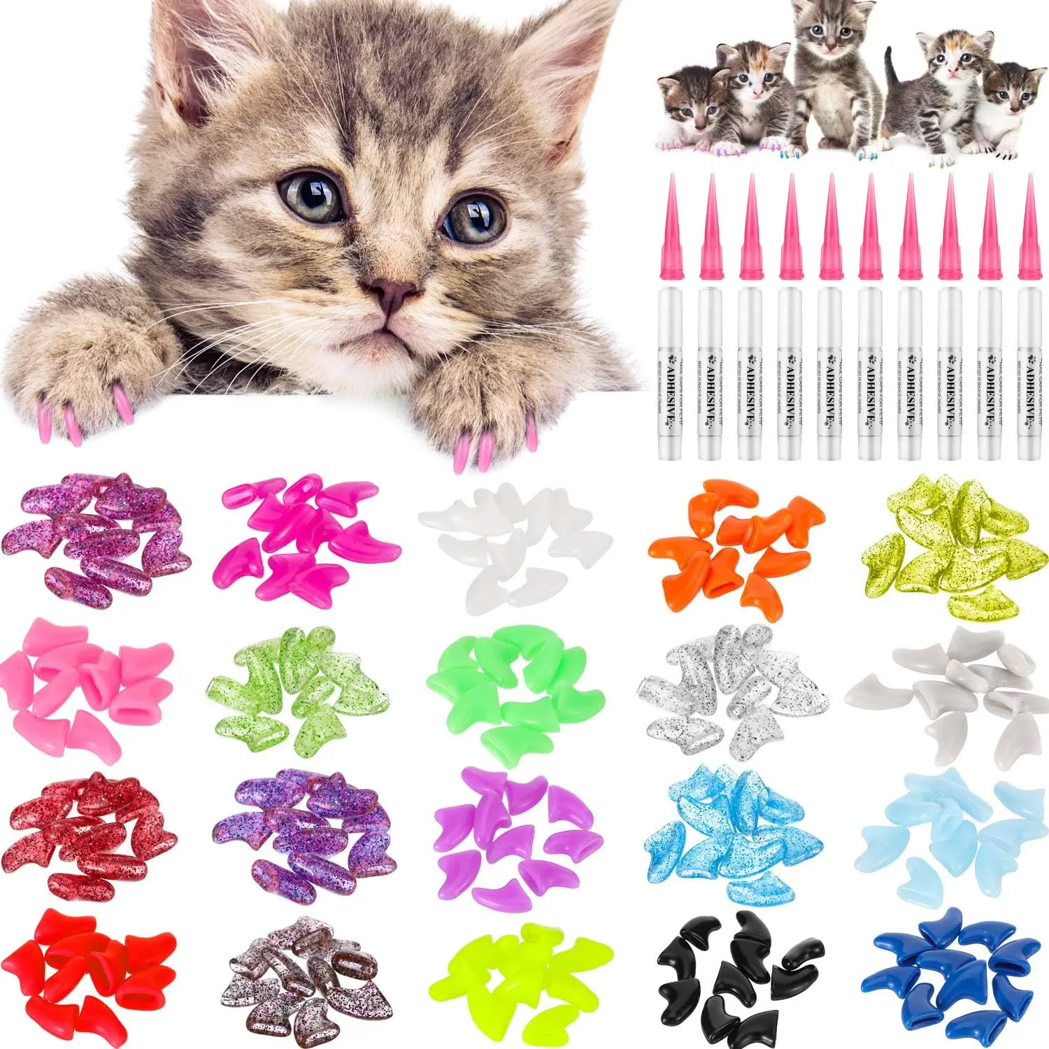 Cat Nail Caps Kit - 200 Pieces, 20 Colorful Tips, Includes 10 Pcs Adhesive Glues, 10 Applicators & Instruction, Pet Grooming Claw Care Supplies for Claw Protection