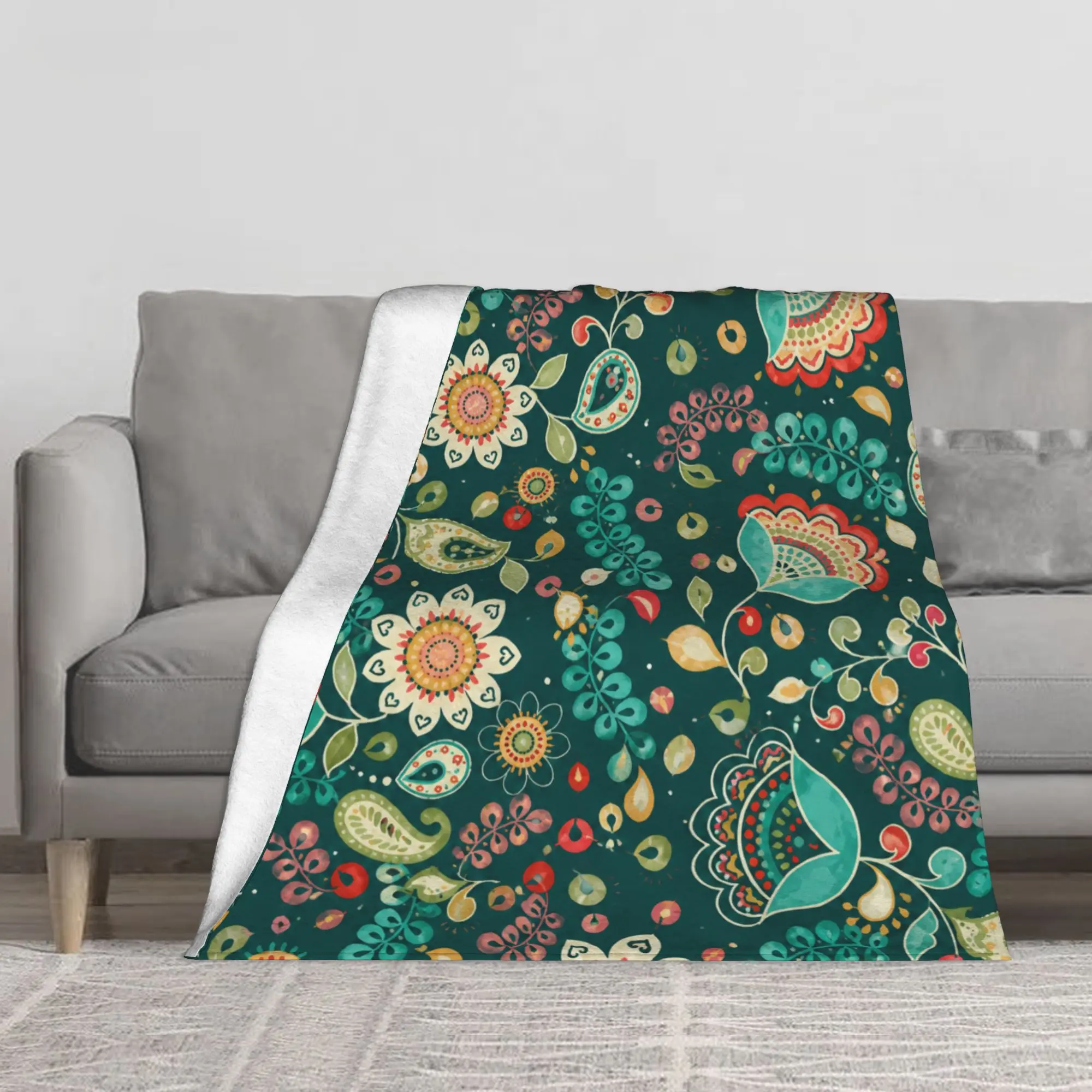 Boho Floral Paisley Flannel Throw Blanket Soft Cozy 280GSM Plush Fleece Blanket for Sofa Couch Bed Decor Lightweight Warm Fuzzy Microfiber Blankets for All Seasons