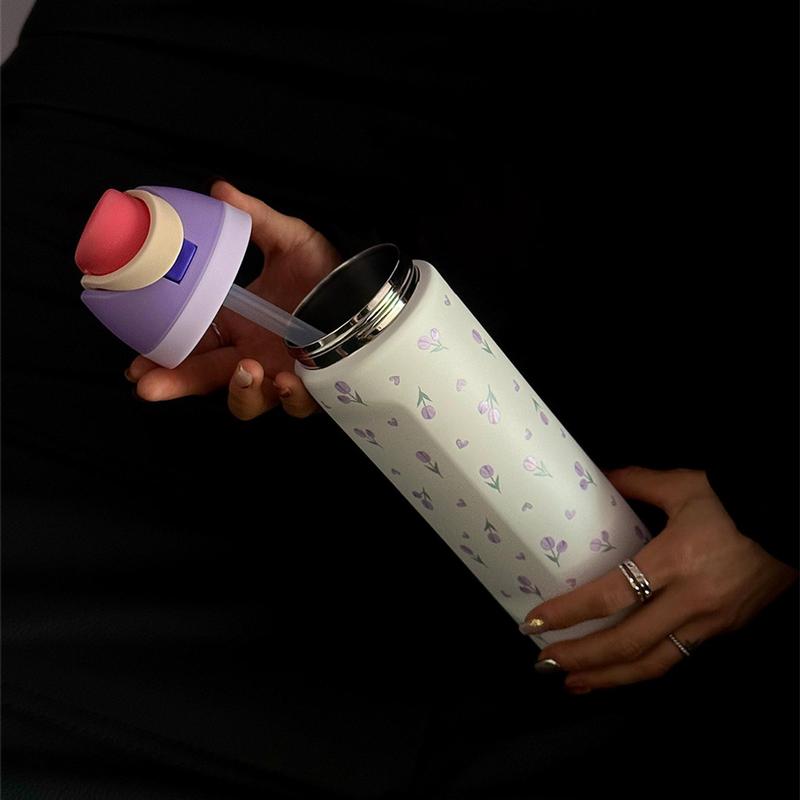Tulip Pattern Vacuum Flask, 1 Count 24oz/32oz/40oz Stainless Steel Insulated Water Bottle with Straw, Drinking Cup for Home Office School Outdoor, Drinkware, Reusable Tumbler with Lid