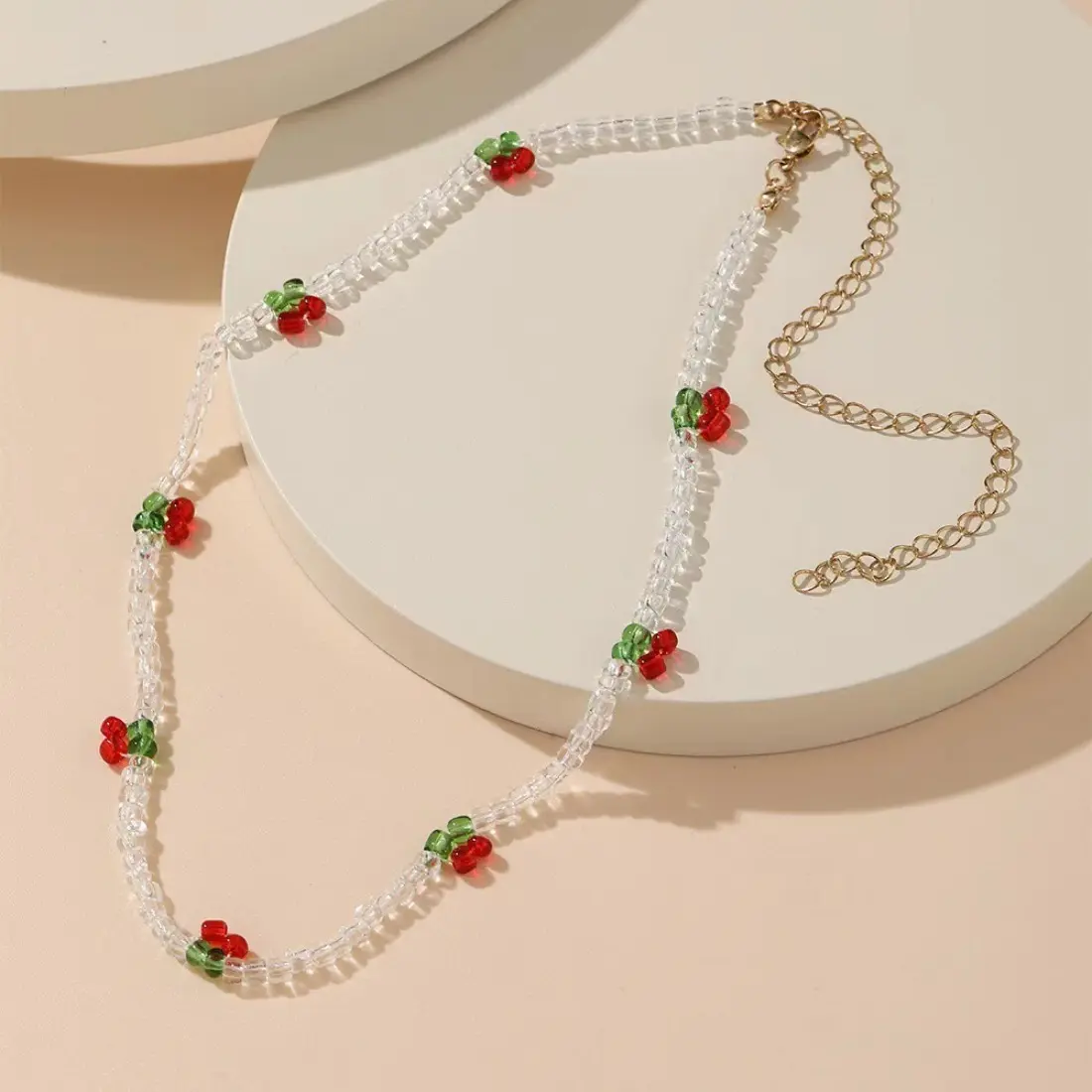 Cherry Beaded Necklace for Women, Handmade White & Clear Seed Bead Necklace, Cute Y2K Fruit Charm Jewelry, Lightweight Summer Beaded Chain Necklace for Beach, Vacation, Daily Wear, Birthday & Gift for Her
